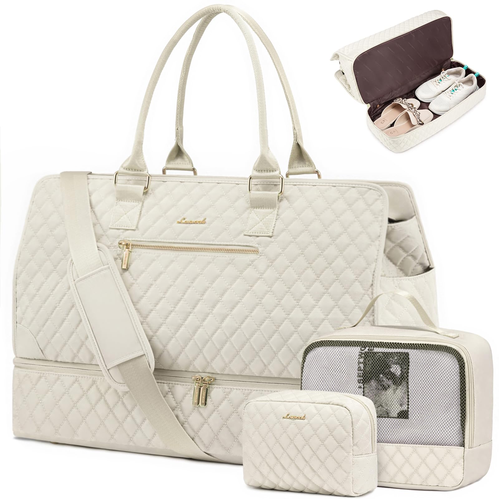 LOVEVOOK Women's Weekender Travel Bag - Large Carry On Duffle with Shoe Compartment & Toiletry Bag - 3 Piece Set for Overnight Trips, Gym, Hospital Labor Delivery - Perfect for Workouts, Weekend Getaways & Maternity Hospital Stays