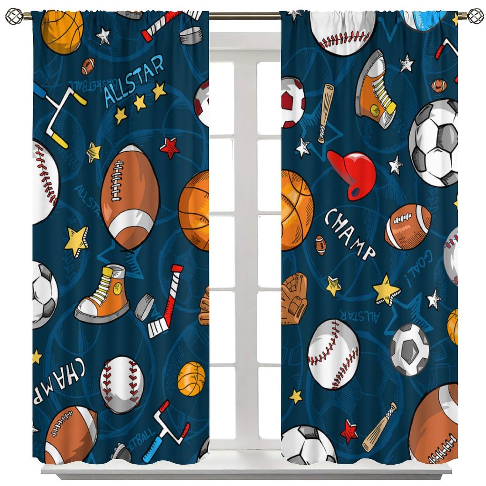 Boys Sports Curtains for Kids Bedroom - Basketball Soccer Baseball Window Treatments for Teen Girls, Living Room & Playroom (84x84 Inches) - Perfect for Sports-Themed Decor, Game Rooms & Teen Bedrooms