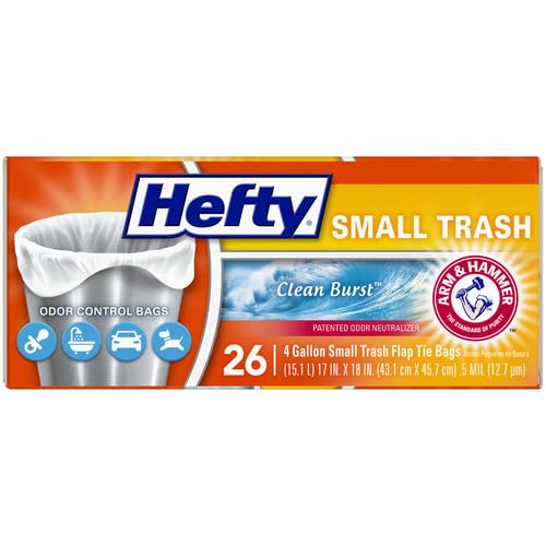 Hefty Small 4 Gallon Flap Tie Garbage Bags - 26 Count, Clean Burst Scent | Perfect for Office, Bathroom & Small Trash Cans