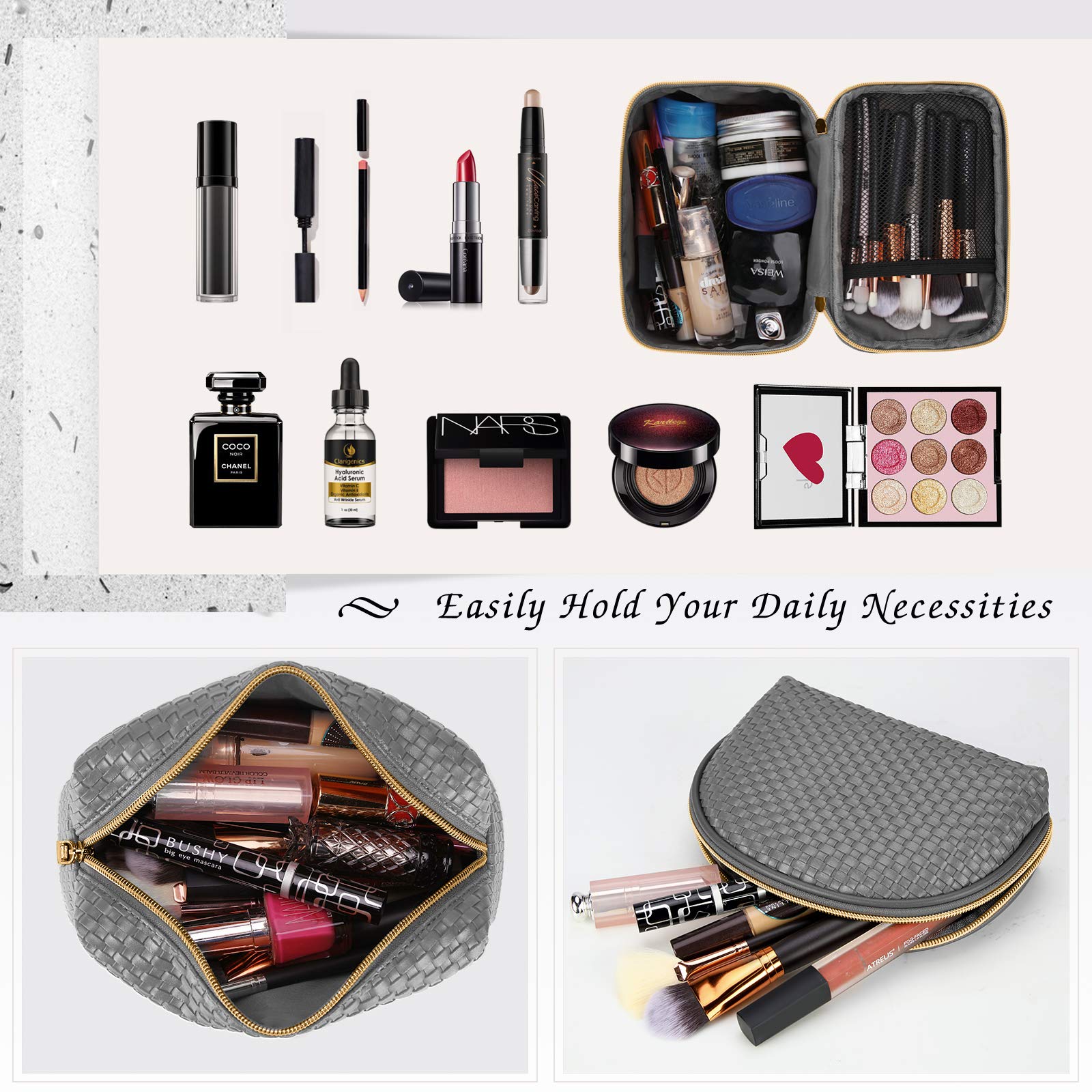 3-Piece Waterproof Makeup Bag Set - Portable Travel Cosmetic Organizer with Weave Design, Multi-Functional Storage for Women & Girls (Grey) | Perfect for Travel, Gym, Daily Use & Toiletries Organization