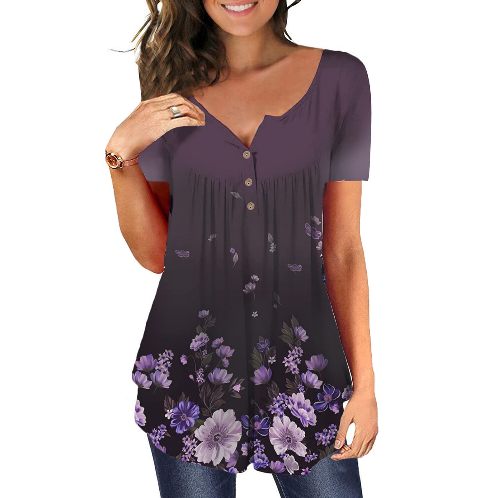 Women's Floral Summer Tops - Casual V-Neck T-Shirts for Outdoors & Travel