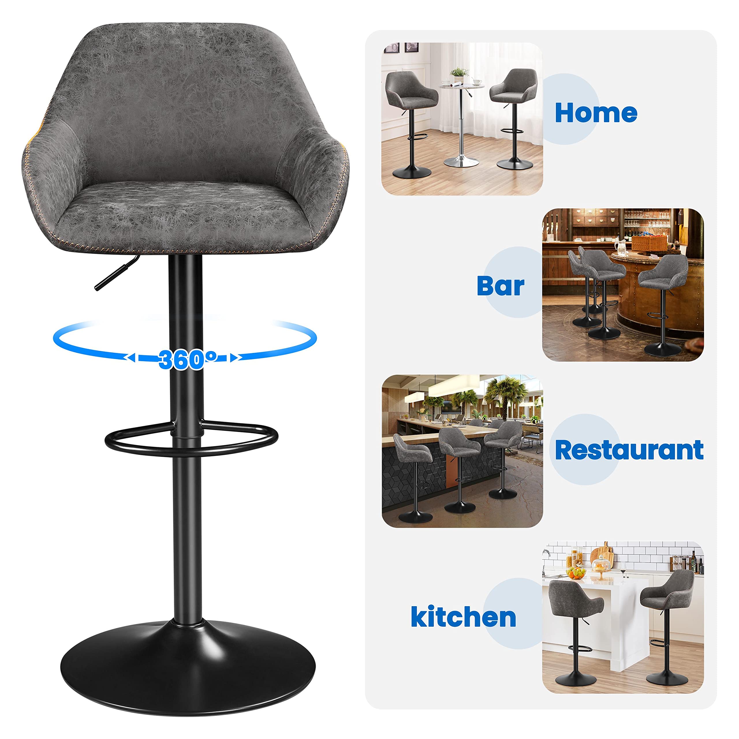 Yaheetech 4-Pack Adjustable PU Leather Swivel Bar Stools with Backrest & Footrest - Counter Height Kitchen Island Stools for Home, Dining Room, or Bar - Grey (Modern Comfort Seating for Entertaining & Relaxation)