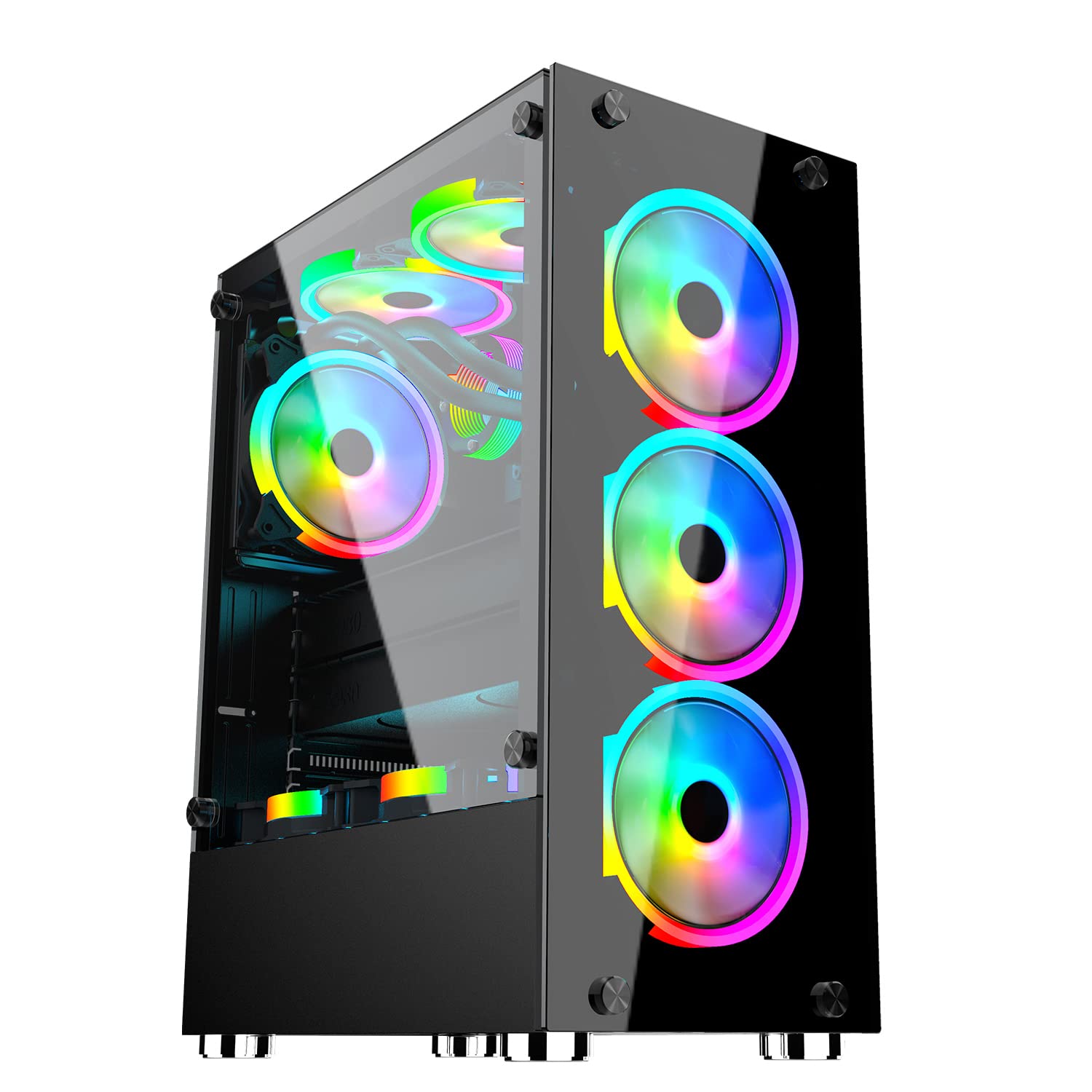 ATX Mid Tower PC Gaming Case with 6 x 120mm ARGB Fans & Tempered Glass Panel - USB 3.0/2.0 & Audio Ports - Perfect for Gaming Rigs & High-Performance PC Builds