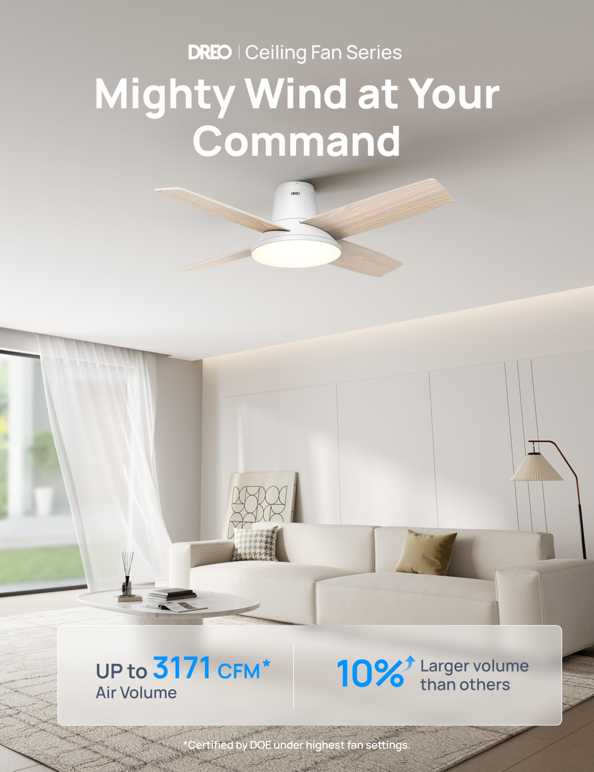 Dreo 44'' Smart Ceiling Fan with LED Light - 12 Speed Quiet DC Motor, 3 Modes, Remote Control & Dimmable Flush Mount Design - Perfect for Bedroom, Living Room & Home Office (White)