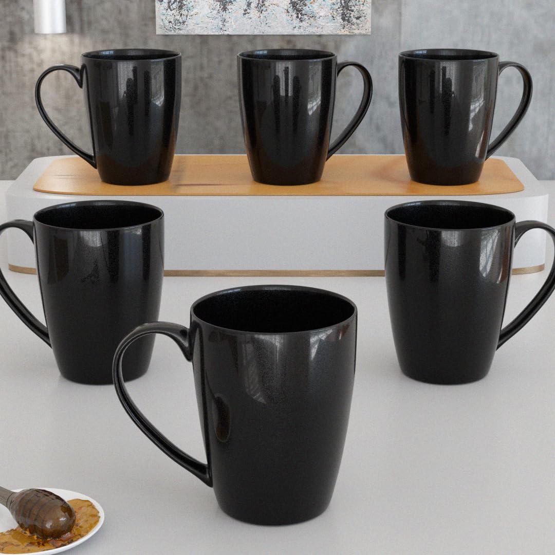 Premium Black Gloss Ceramic Coffee Mugs Set of 6 - 10oz (280ml) Microwave & Dishwasher Safe Tea Cups - Ideal for Home, Office, Cafe & Gifts