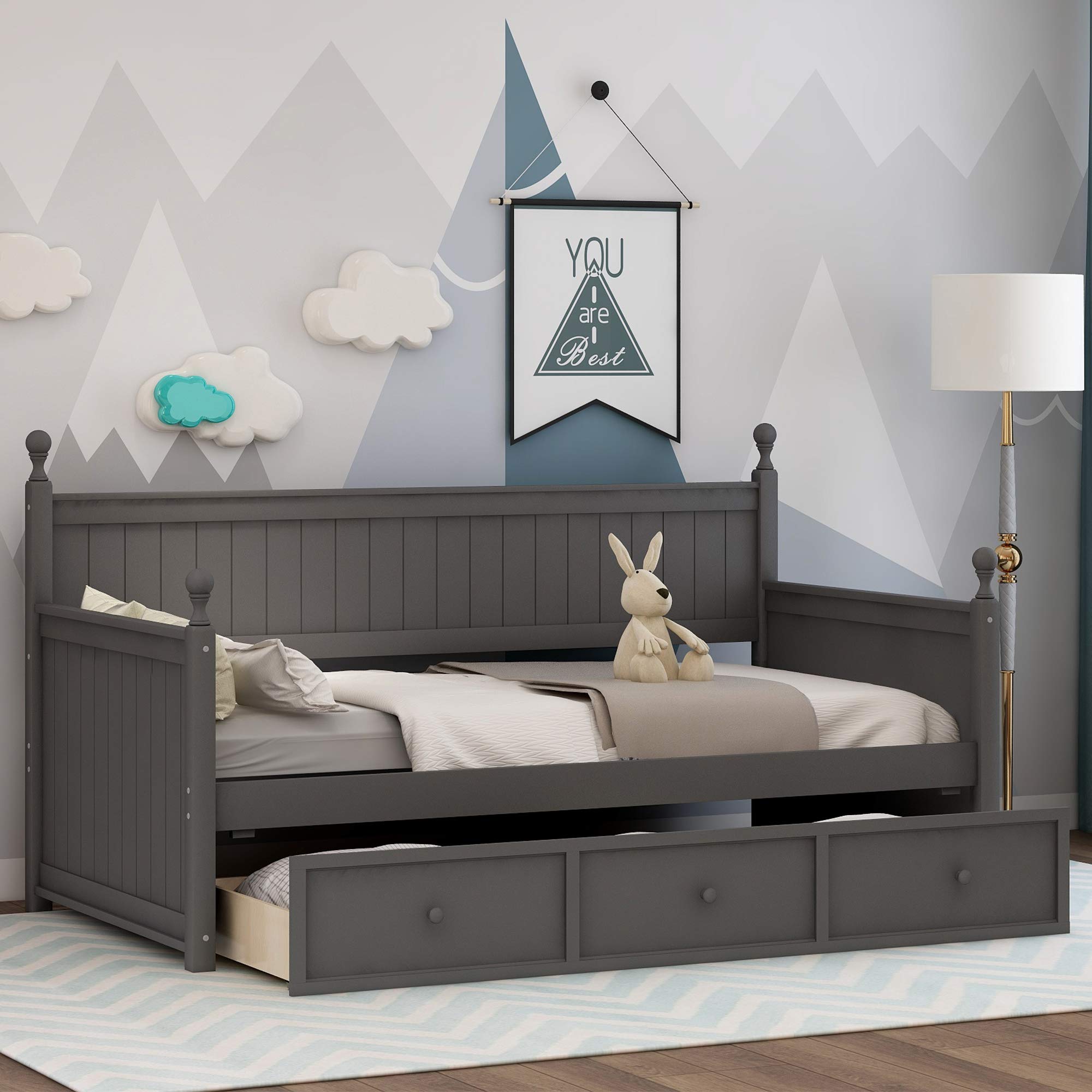 MERITLINE Twin Size Wood Daybed Frame with Storage Drawers - Grey Daybed for Bedroom, Guest Room or Living Room - Space-Saving Storage Solution for Small Apartments & Dorm Rooms
