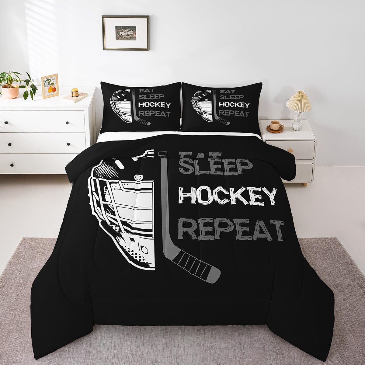Erosebridal King Size Hockey Comforter Set - Black & White Ice Hockey Sketch Bedding, Winter Sports Quilted Duvet Cover with 2 Pillow Shams - Perfect for Hockey Fans, Sports Themed Bedroom Decor, and Cozy Winter Nights