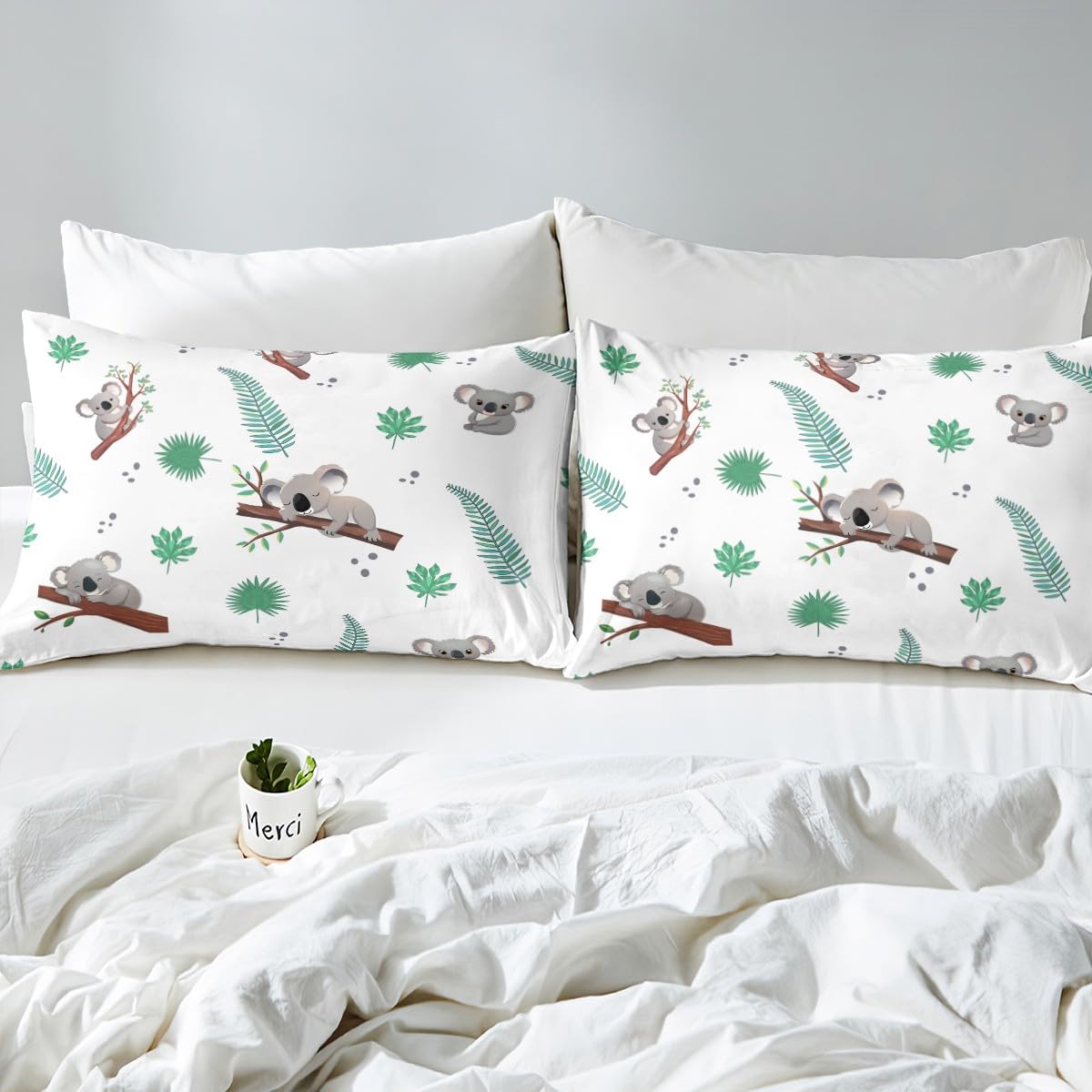 **Castle Fairy Koala Duvet Cover Set Twin Size - Cute Kawaii Animals Bedding for Kids & Teens - Tropical Leaves & Rainforest Theme - Includes 1 Pillowcase - Perfect for Boys & Girls Room Decor, Bedroom Makeover, and Cozy Sleep**