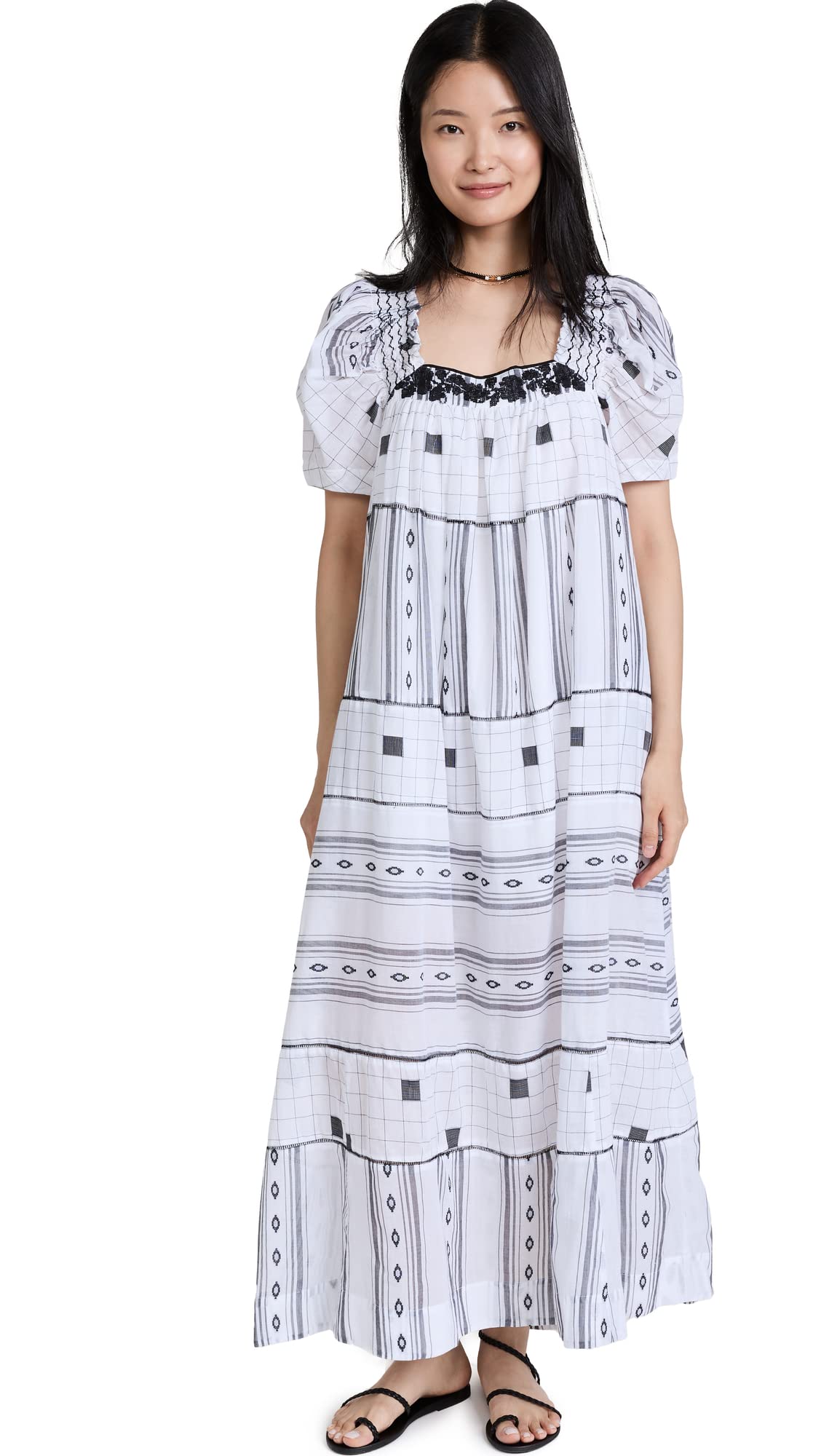 Free People Jamie Embroidered Maxi Dress in Black/White - Size 8-10 Women's Bohemian Flowy Long Dress for Beach, Wedding & Summer Vacations