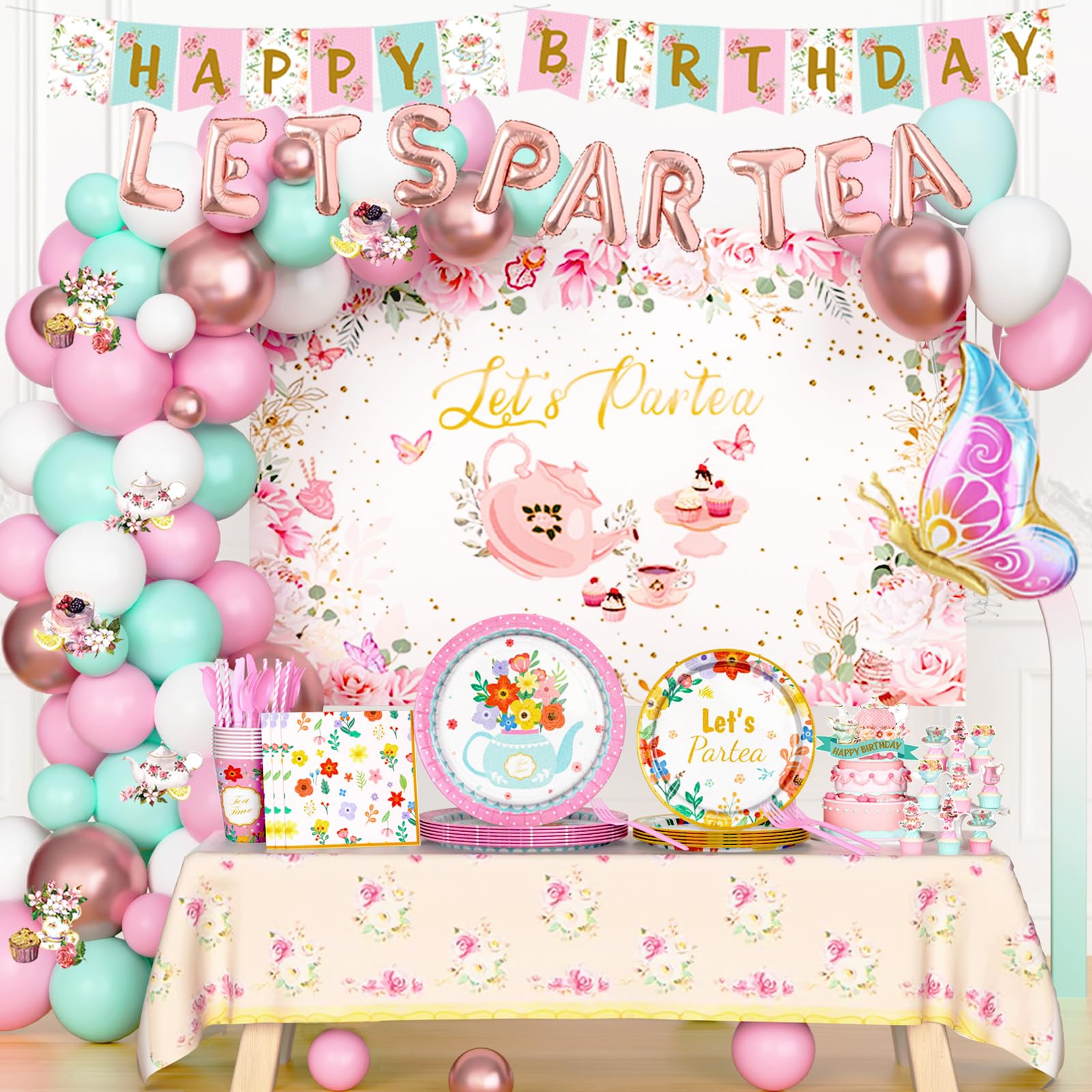 Elegant Tea Party Decorations Set - Teapot Floral Backdrop, Balloon Banner, Tablecloth, Plates, Napkins, Cups, Straws, Cutlery (Forks, Knives, Spoons) - Perfect for Birthday, Baby Shower & Bridal Tea Party Decor