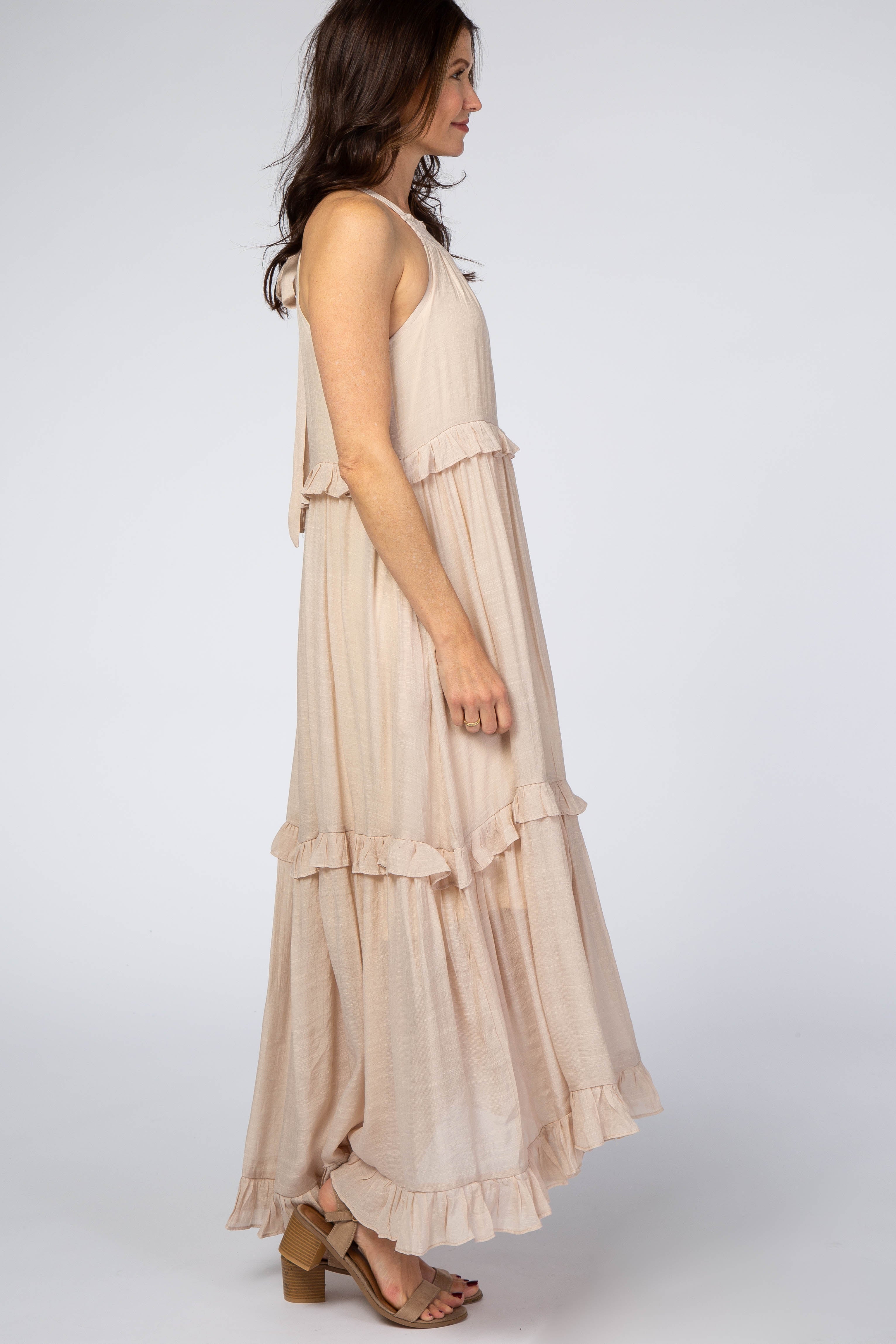 Beige Halter Neck Ruffle Trim Maxi Dress for Women - Elegant Summer Beach Wedding Party Dress | Perfect for Vacation, Date Night & Special Occasions