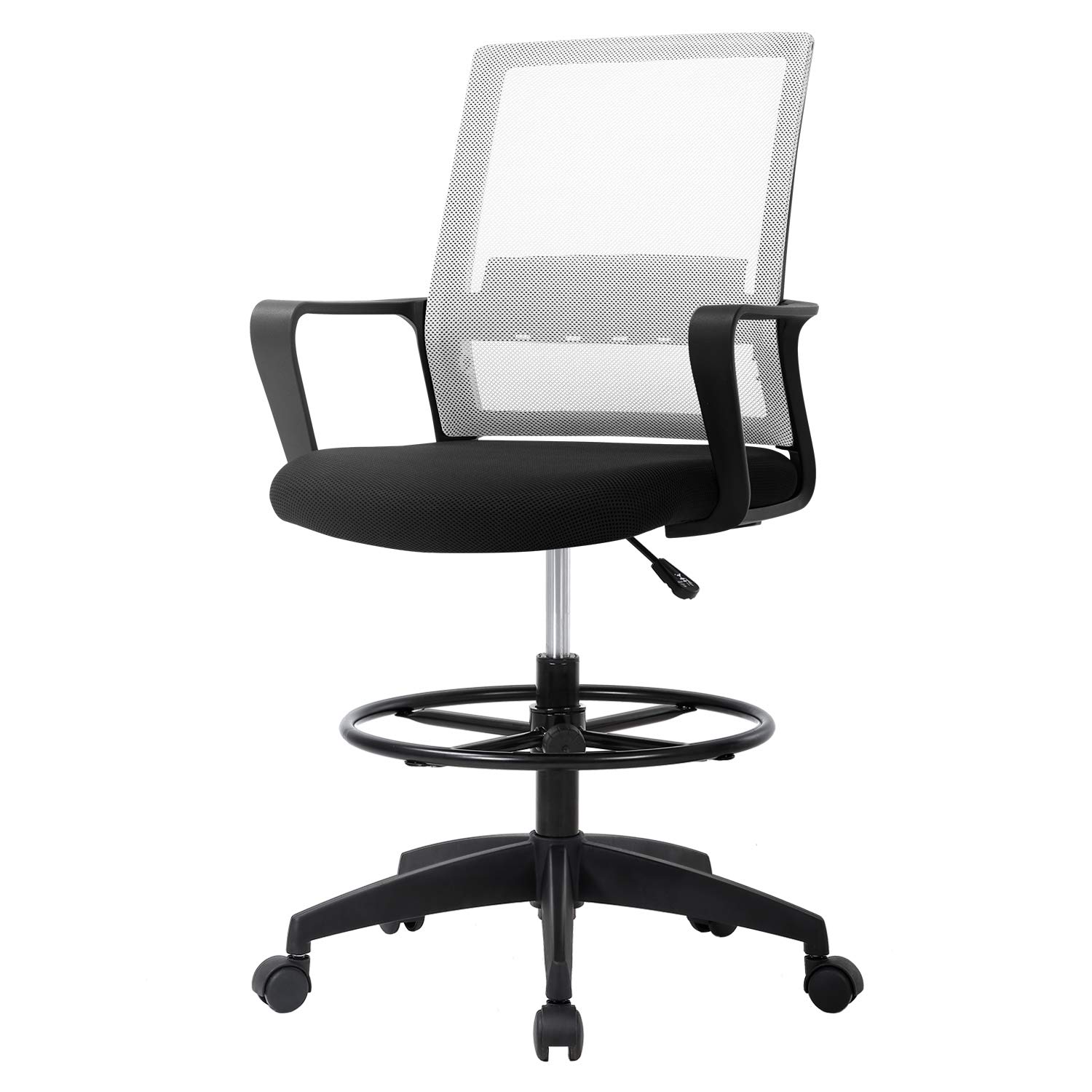 Ergonomic Mesh Drafting Chair - Adjustable Height Tall Office Chair with Mid-Back Support & Foot Ring for Standing Desk - Perfect for Architects, Designers & Computer Workstations (White)