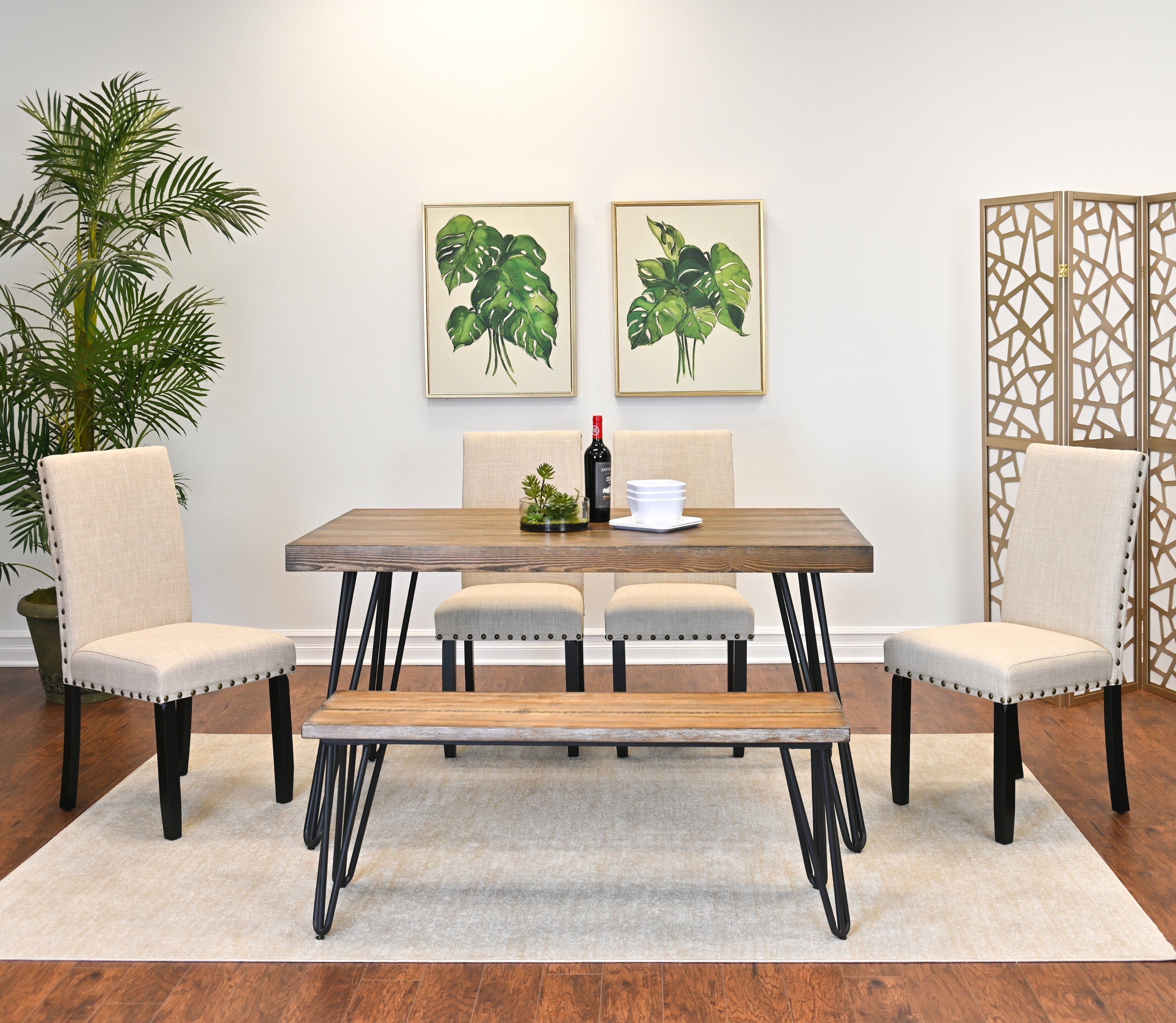Roundhill Furniture Amisos 6-Piece Dining Set - Hairpin Leg Dining Table with 4 Chairs & Wooden Bench | Modern Kitchen & Dining Room Furniture for Small Spaces
