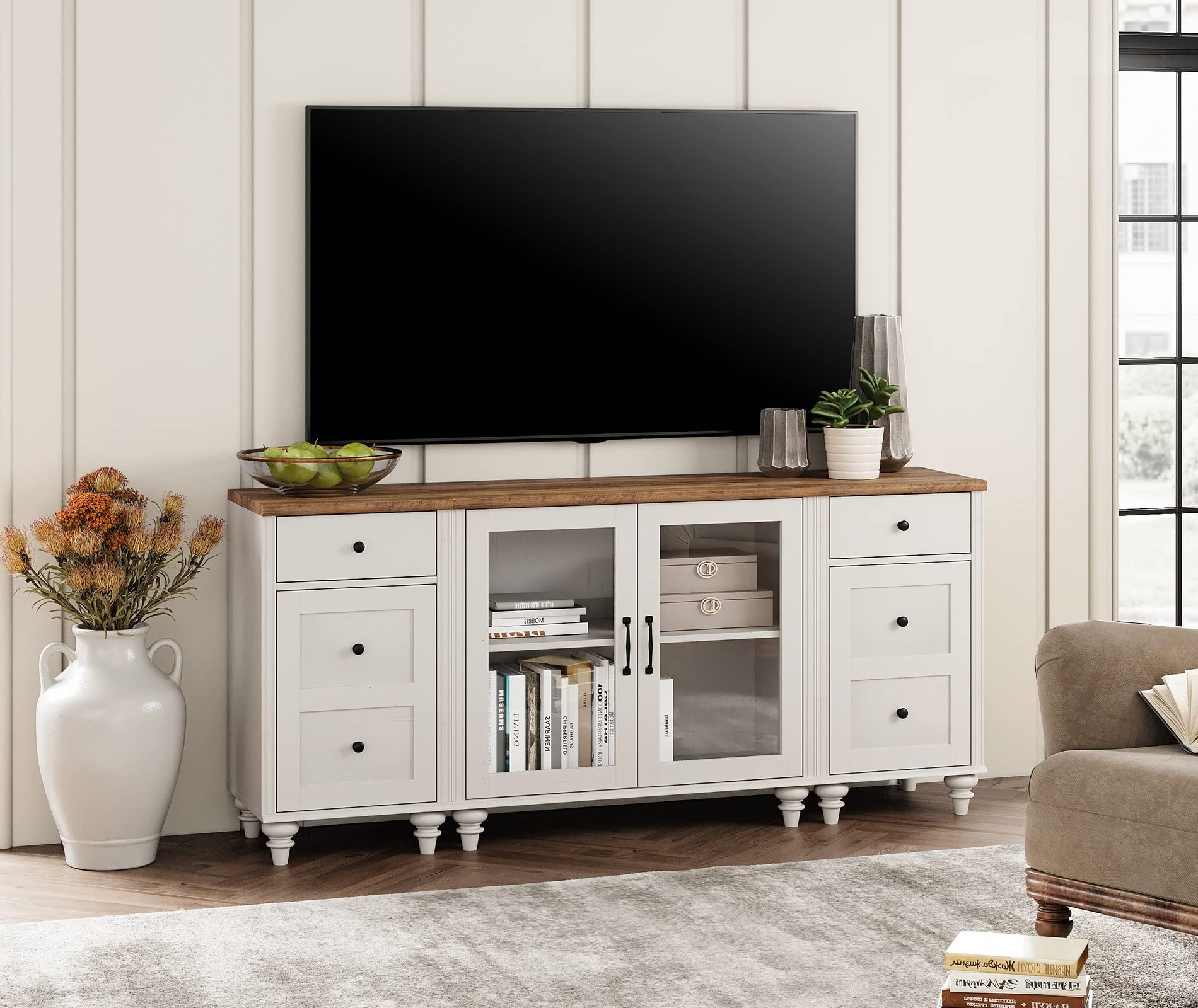 Modern WAMPAT Buffet Cabinet with Glass Doors & Charging Station - Wooden Sideboard Storage Credenza for Kitchen, Dining Room & Living Room - White Coffee Bar Cabinet for Home Decor & Entertainment Spaces