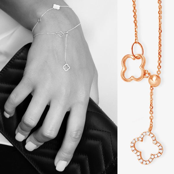 14K Yellow Gold Diamond Clover Lariat Bolo Bracelet - Elegant Adjustable Charm Bracelet for Women, Perfect for Weddings, Anniversaries & Everyday Wear