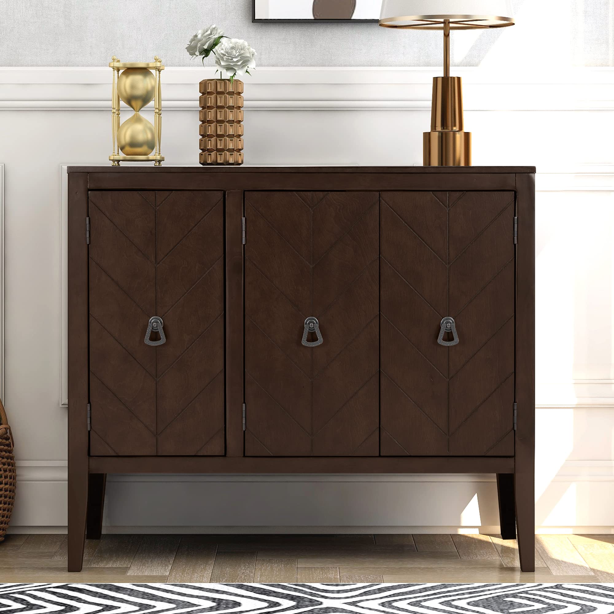 Mancofy Wooden Accent Storage Cabinet with Adjustable Shelves & 3 Doors - Modern Console Table, Sideboard for Hallway, Living Room, Bedroom - Easy Assembly, Brown | Perfect for Home Organization & Stylish Storage Solution