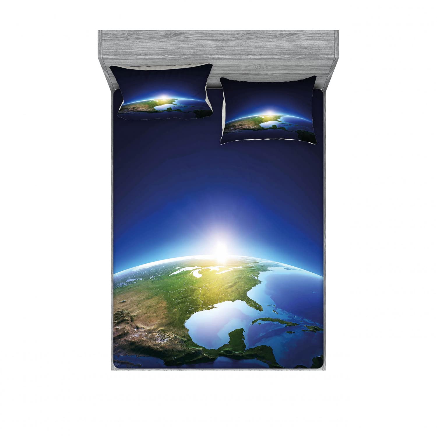 Ambesonne 2-Pack King Size Fitted Sheet Set with 4 Pillow Shams - Sunrise North America Design in Blue, Dark Blue & Green - Soft Bedding Decor for Master Bedroom, Guest Room & Vacation Homes