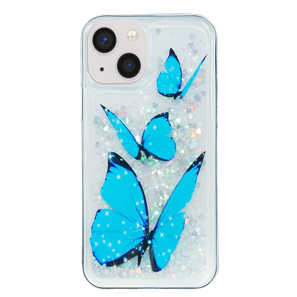 Sparkly Glitter Phone Case for iPhone 13 - Bling Liquid Quicksand TPU Cover with Blue Butterfly Design | Shockproof Anti-Slip Soft Case for Women & Girls | Perfect for Parties, Daily Use & Gift Giving (6.1 inch)