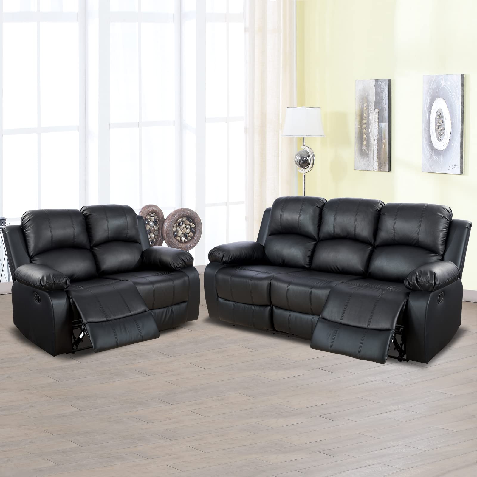 Luxury Recliner Sofa Set - Black Leather Reclining Couch & Loveseat for Living Room | Modern Home Theater Seating | Comfortable Lounge Furniture for Family Room & Entertainment Space