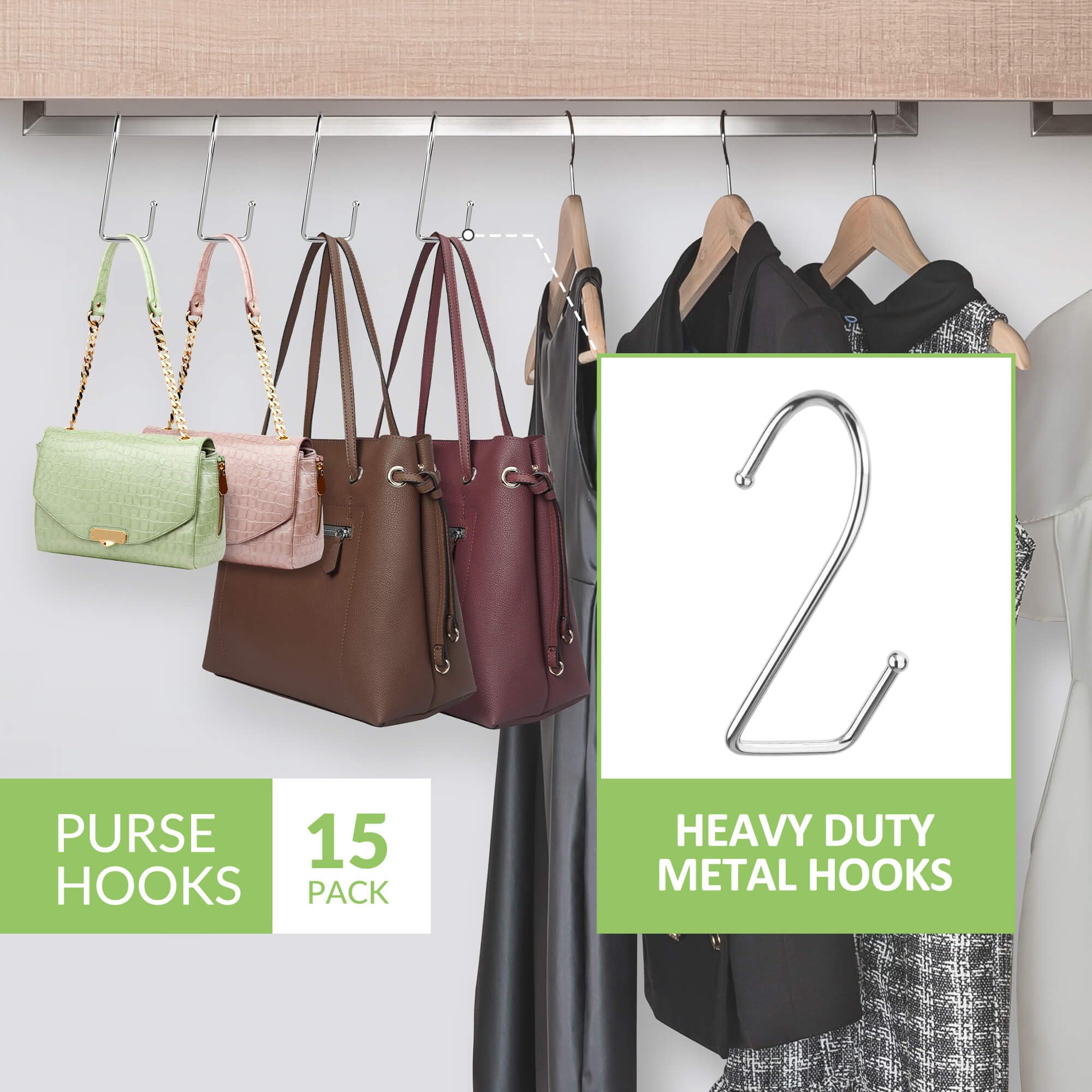 15 Pack Heavy Duty Purse Hangers for Closet - Super Sturdy Bag Hooks for Backpacks, Handbags & Accessories - Space Saving Closet Organizer & Storage Solution (Silver) - Perfect for Bedroom, Dorm, Office & Travel Organization