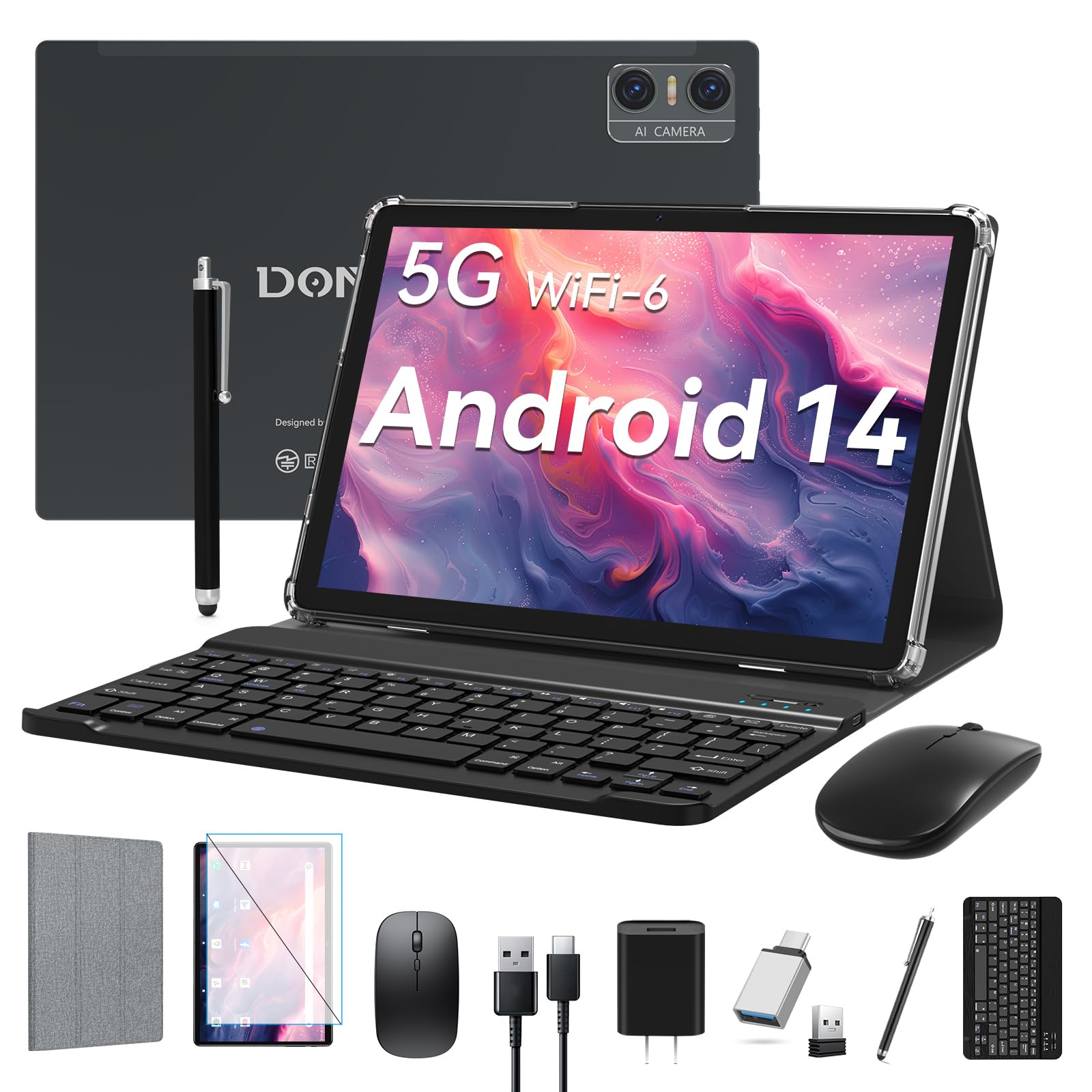 2025 Latest Android 14 Tablet - 10 Inch 2-in-1 Tablet PC with Keyboard Case & Stylus | 4+4GB RAM, 64GB ROM (Expandable to 1TB) | Octa-Core Processor, WiFi 6, Bluetooth, Dual Camera, 7000mAh Battery - Perfect for Work, Study & Entertainment