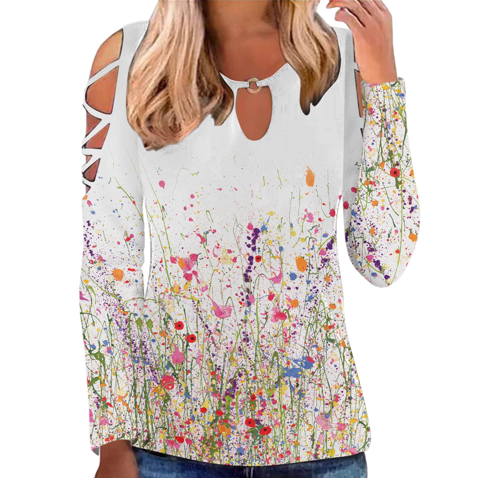 Women's Cold Shoulder Tunic Top - Long Sleeve Floral Print Blouse with Hollow Out Design - Crew Neck Casual Shirt for Work, Date Night & Spring Outfits