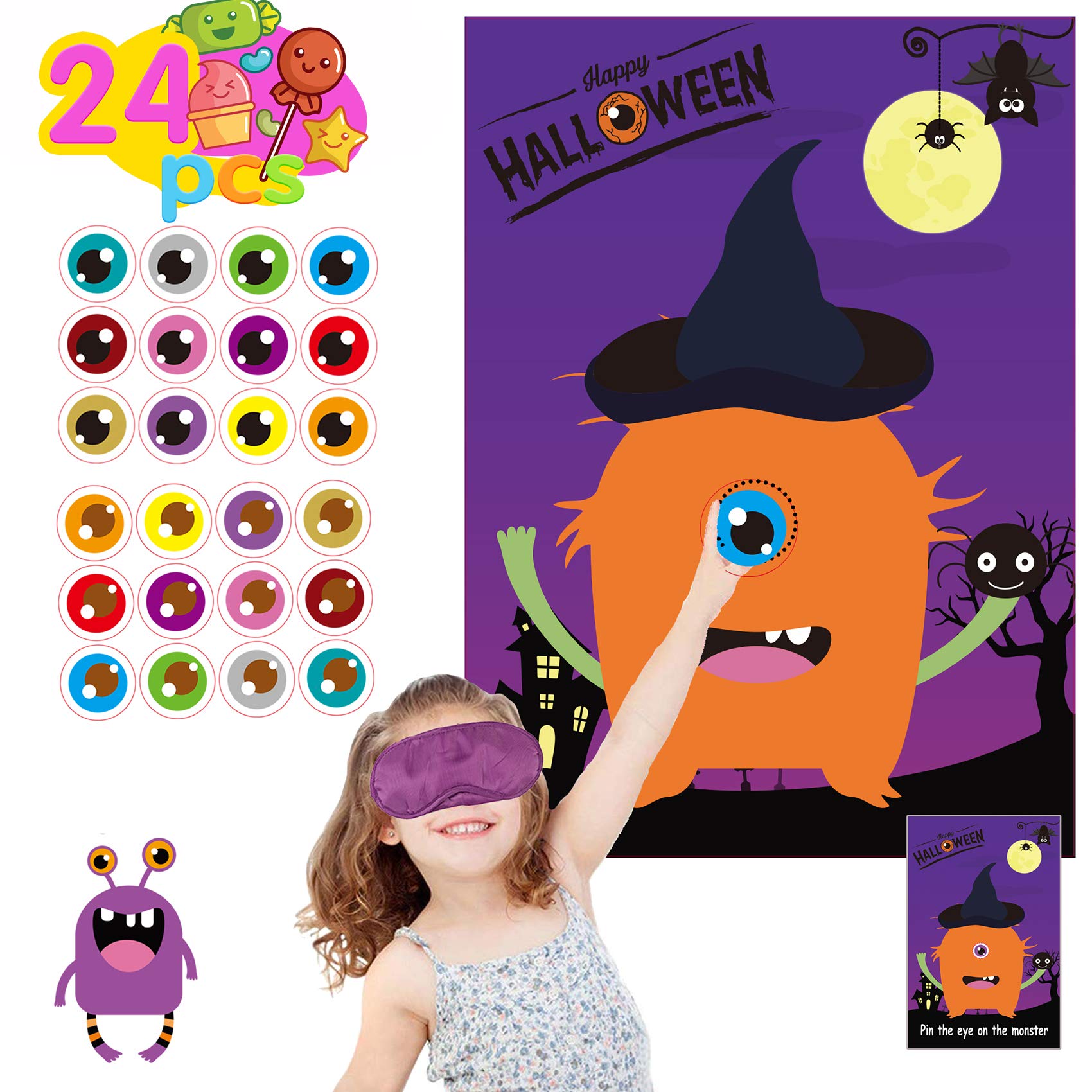 Funnlot Halloween Pin The Eye on The Monster Game - Fun Halloween Party Games for Kids & Family, Halloween Activities for Kids Party, Classroom & Trick or Treat Events