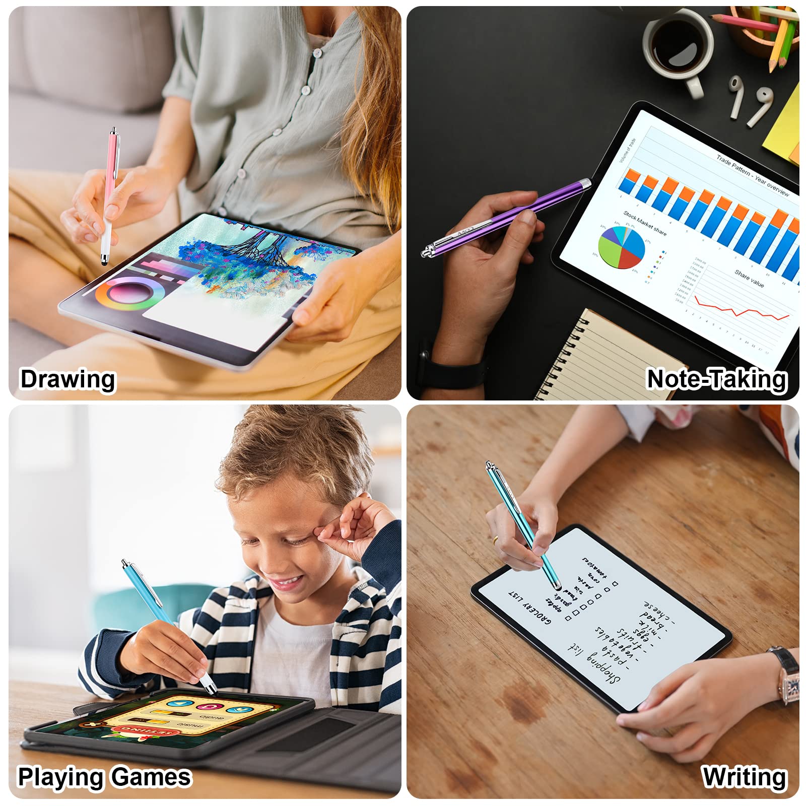 Stylus Pens for Touch Screens - iPad, iPhone, Kindle Fire (Pink/Purple/Aqua Blue) - Perfect for Drawing, Note-Taking & Digital Art