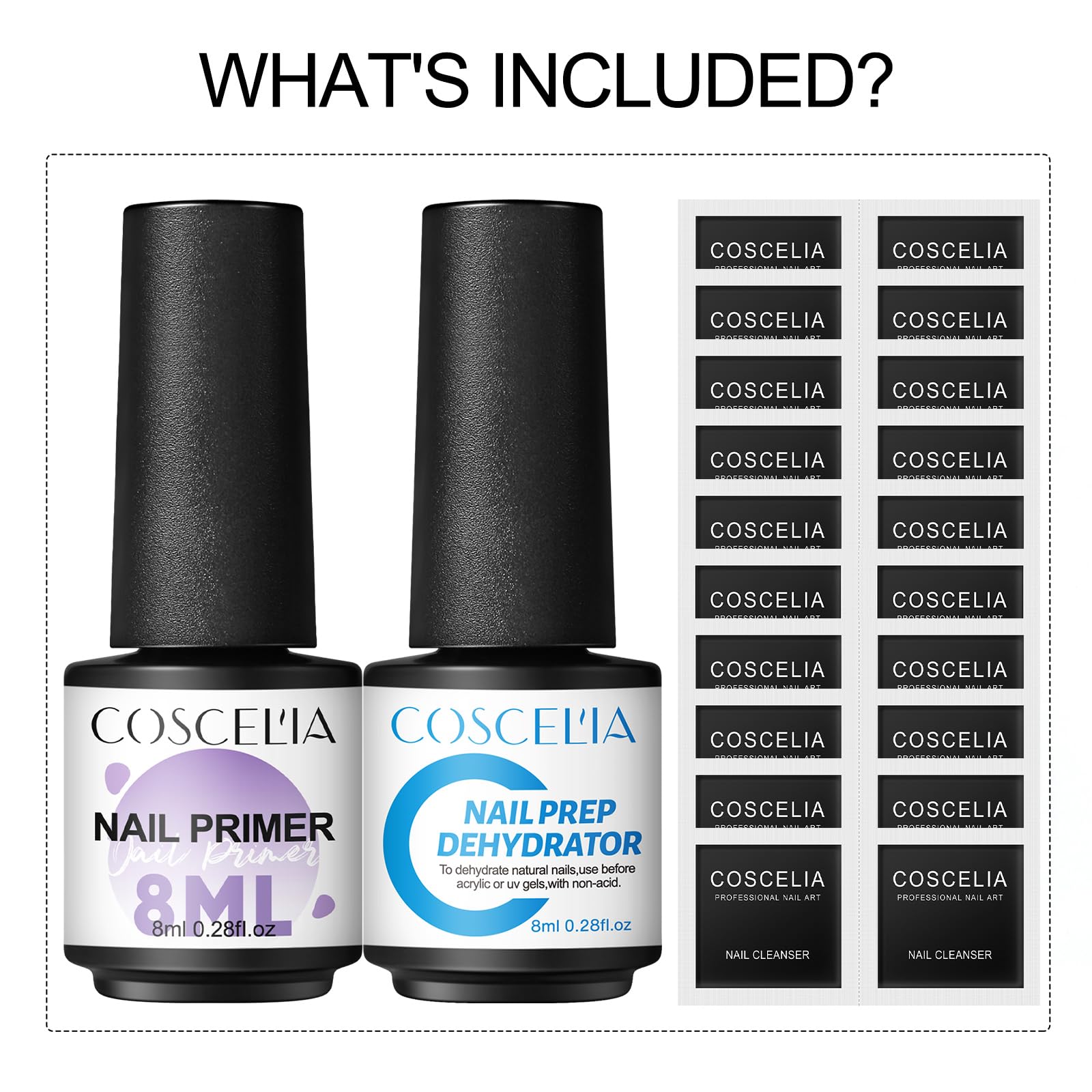 COSCELIA Acid-Free Nail Primer & Dehydrator - 10ml Nail Prep Solution with Cleansing Wipes for Gel Polish - Perfect for Salon, Home Manicures & DIY Nail Art