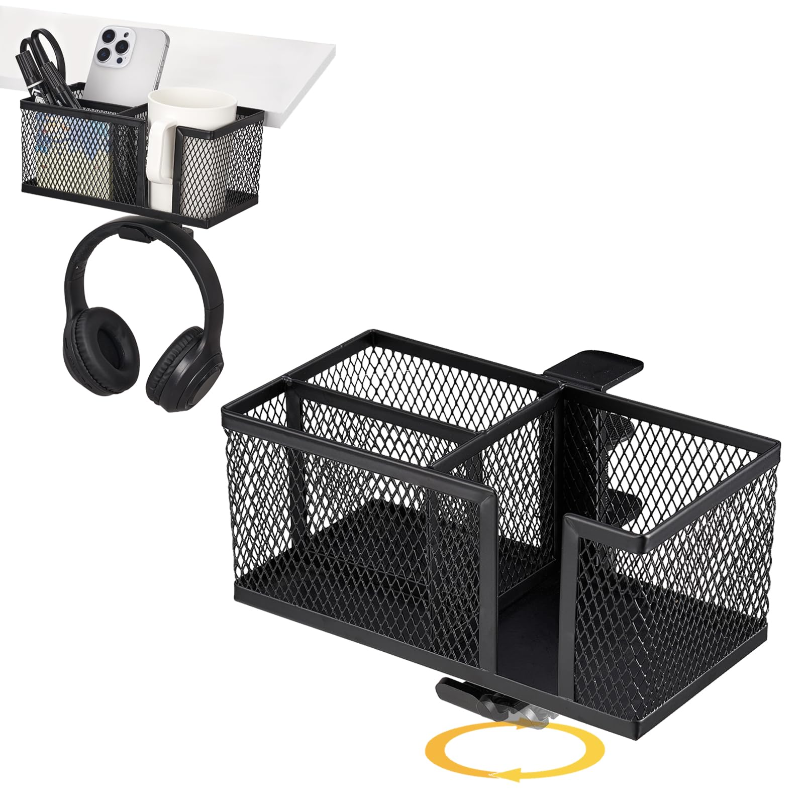 4 in 1 Metal Clip On Cup Holder for Gaming Desk, Office Table, Salon Chair & Bedside - Anti-Spill Drink Holder for Water Bottles, Coffee & Headphones - Sturdy & Easy to Clamp - Perfect for Gamers, Office Workers & Home Use (Black)