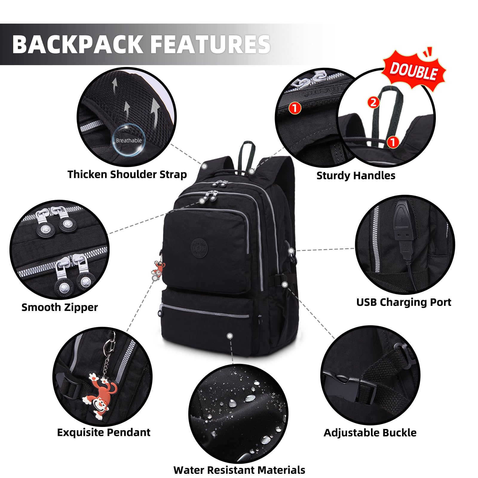 Multi-Function Black Nylon Backpack for College, School & Travel - Laptop Backpack for Men & Women with USB Charging Port - Perfect for Work, Business, Hiking & Daily Use