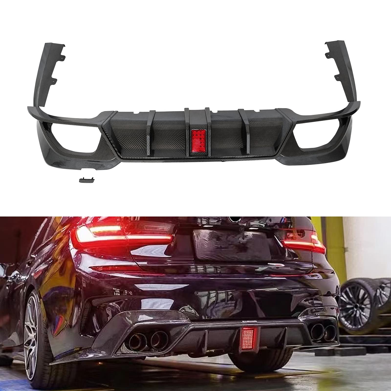NINTE Rear Diffuser for 2019-2022 BMW 3 Series G20 M Sport Bumper - Painted Carbon Fiber Style Lower Lip with Functional Brake Light | Perfect for Car Upgrades & Street Racing Style Enhancement