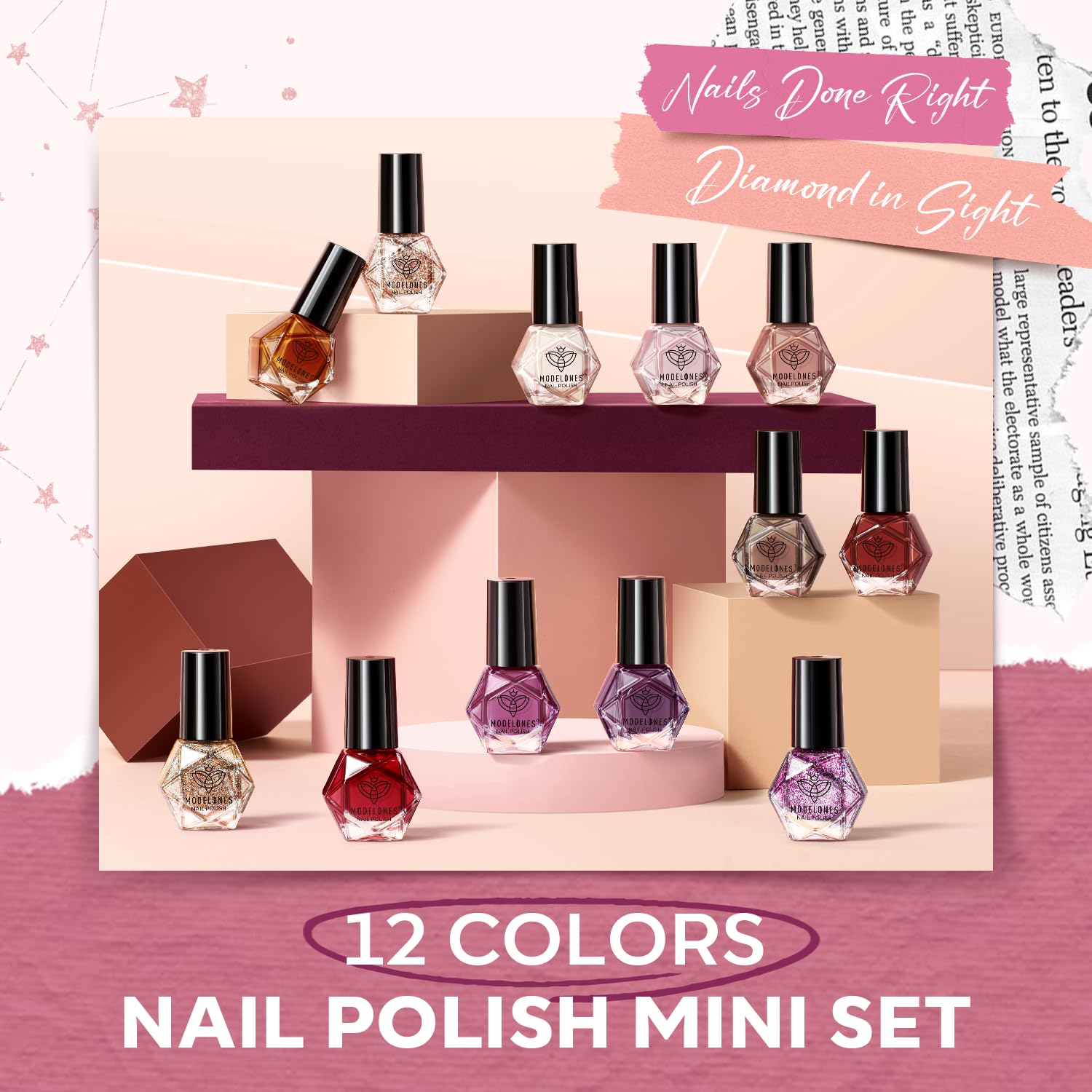 Modelones 12 Colors Nail Polish Set - Burgundy Red, Champagne Gold Glitter, Dark Red, Purple Shimmer, Brown | Long Lasting Gel Polish Kit for DIY Manicure at Home | Perfect for Valentine's Day, New Year 2025 Gifts for Women & Girls