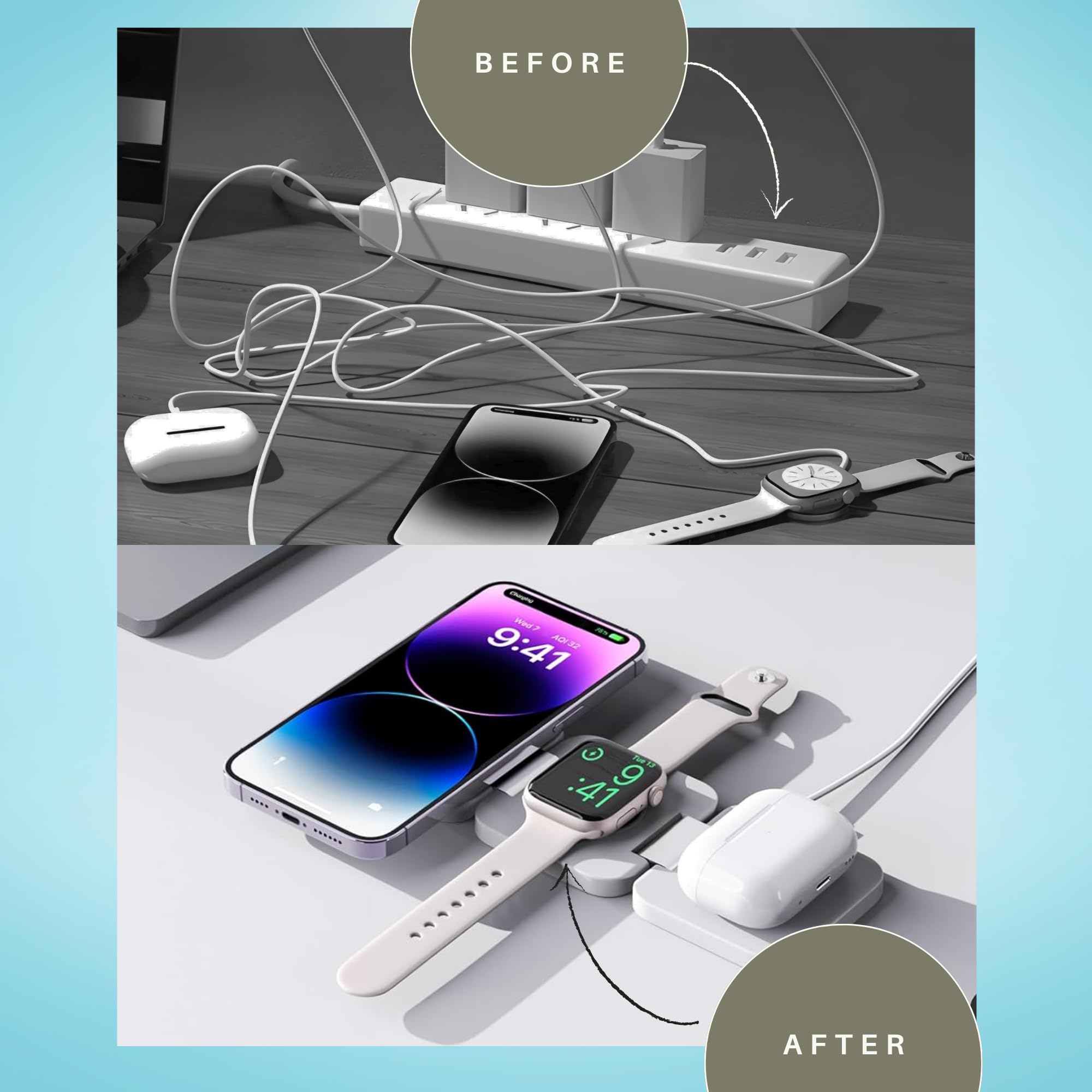 3-in-1 Wireless Charging Station for iPhone, AirPods & Apple Watch | Fast Qi-Certified Charger with MagSafe | Portable Travel Charging Dock for Office, Bedside & Car Use