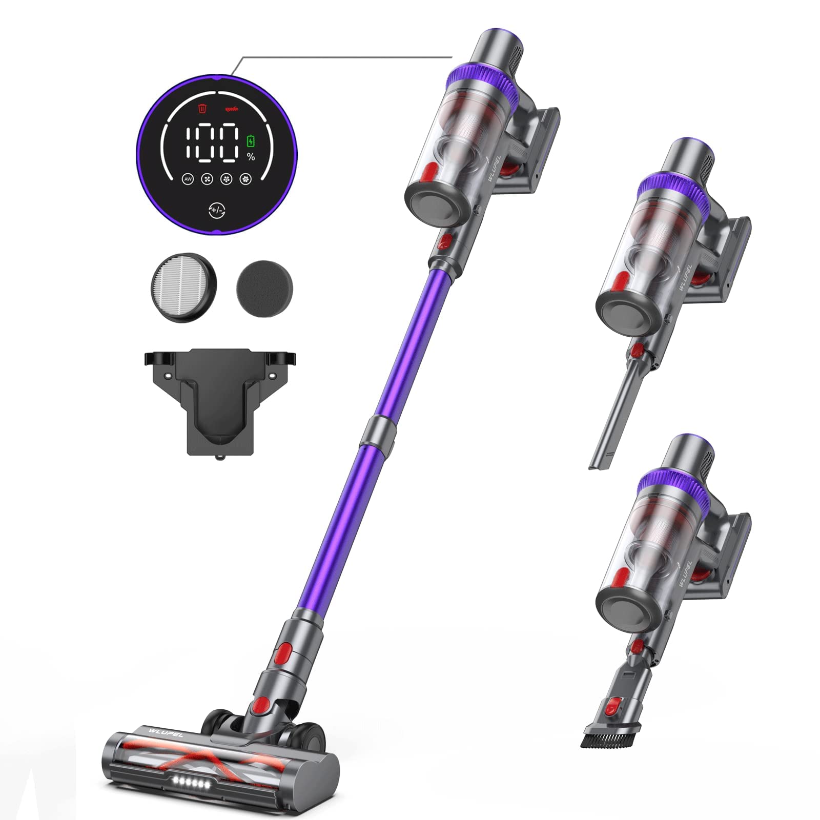 WLUPEL 38KPa Cordless Stick Vacuum Cleaner - 450W Powerful Handheld Vacuum with LED Touch Screen, 55min Runtime for Pet Hair Removal on Carpets & Hardwood Floors (KB-H015) | Perfect for Home Cleaning, Car Detailing & Pet Owners