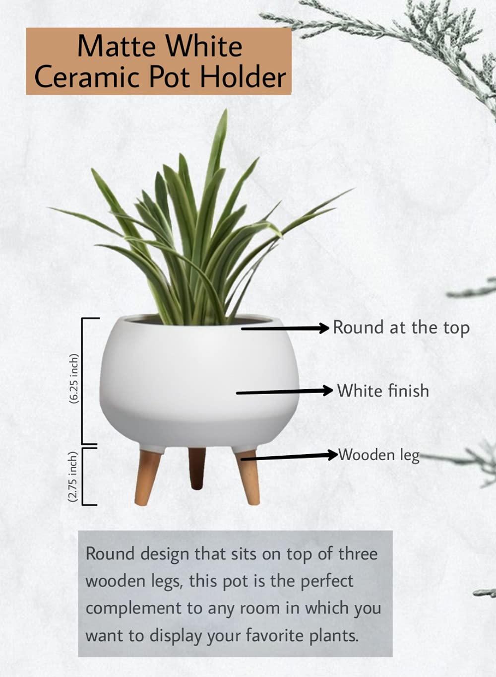 Serene Spaces Matte White Ceramic Plant Pot Holder with Wooden Legs – 9