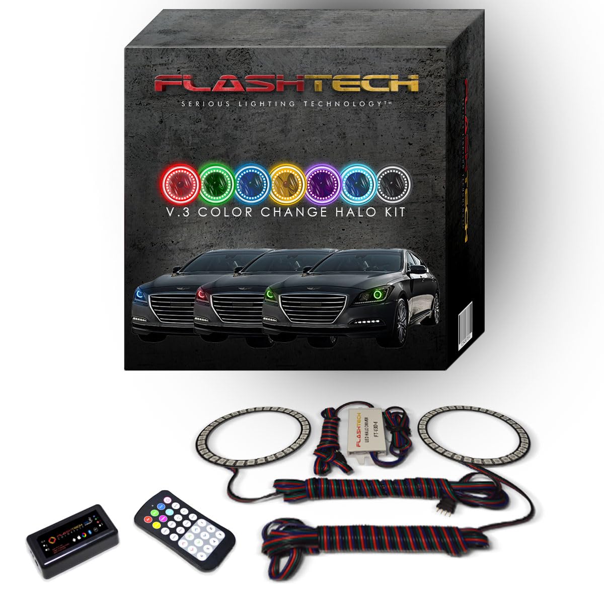 Flashtech LED RGB Multi-Color Halo Ring Headlight Kit with Bluetooth RF Remote & App Control - Compatible with Hyundai Genesis 2015-2016 | Customizable Lighting for Cars, Trucks & Night Driving