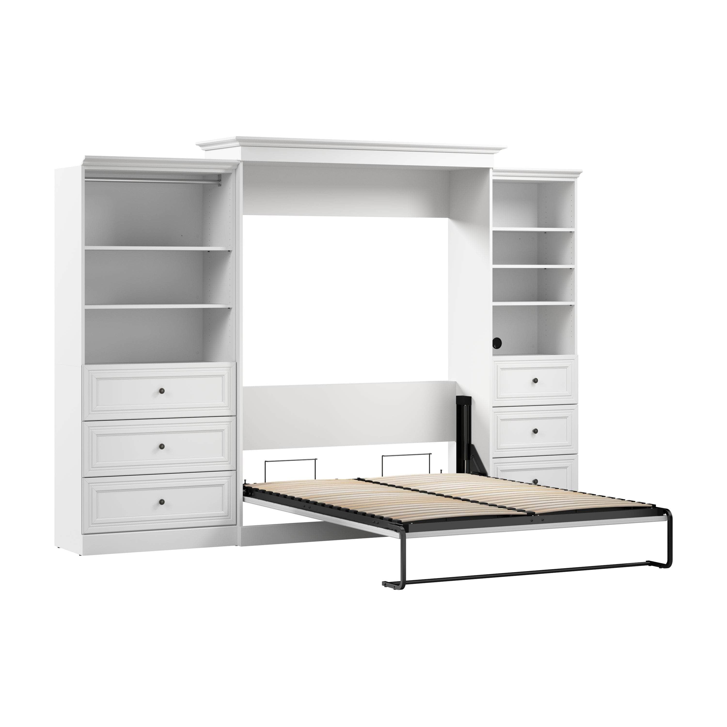 White Queen Murphy Wall Bed with Closet Organizers & Drawers - Space Saving Foldable Bed for Small Apartments, Guest Rooms & Home Offices