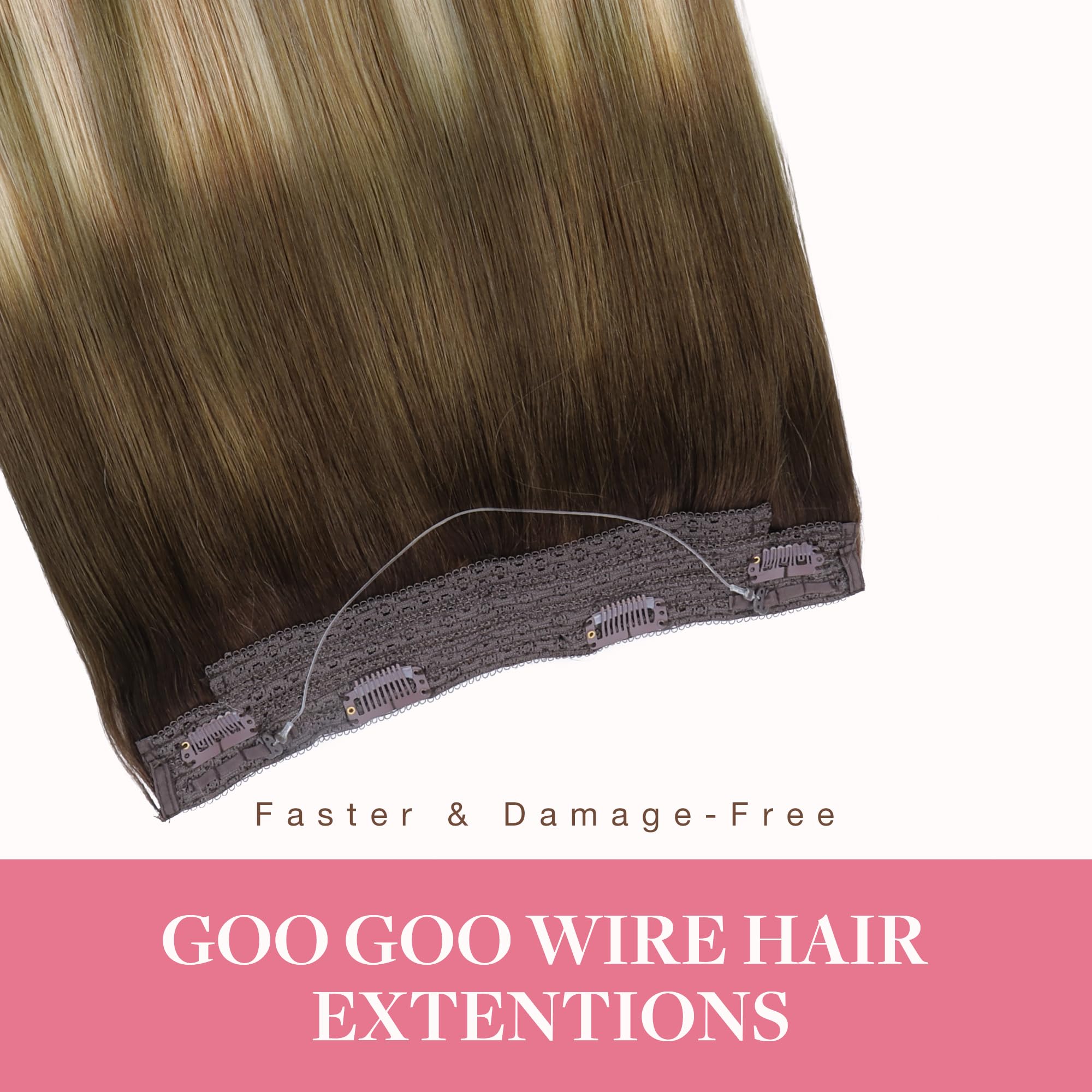 GOO GOO Human Hair Wire Extensions 16 Inch - 3/8/613 Walnut Brown with Ash Brown & Bleach Blonde Balayage - 95g Invisible Seamless Fish Line Hairpiece for Natural Volume & Styling | Perfect for Parties, Weddings & Daily Wear