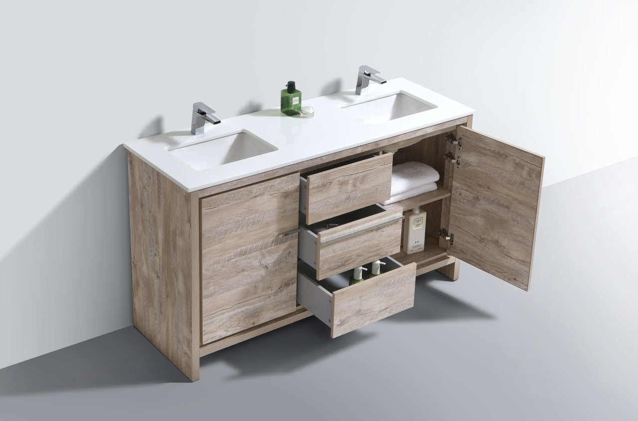 Modern Double Sink Bathroom Vanity with Nature Wood & Quartz Countertop - Floor Standing AD60 for Contemporary Homes | Perfect for Master Bathrooms & Guest Suites