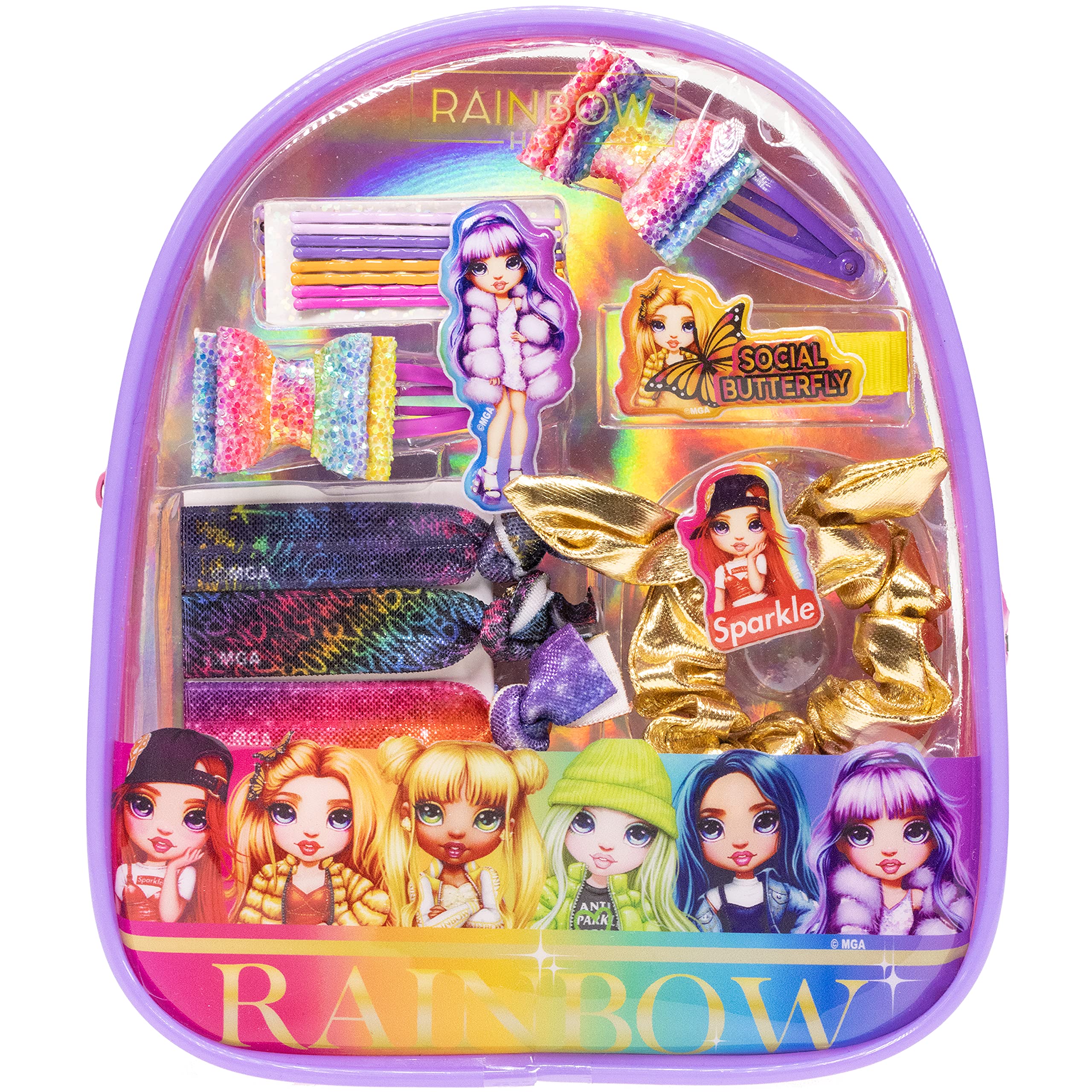 Rainbow High Backpack Cosmetic Makeup Gift Set with Hair Accessories & Clear PVC Backpack for Girls Ages 3+ | Perfect for Birthday Parties, Sleepovers, School, Travel & Makeup Play