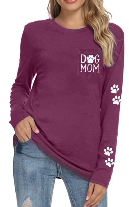 Dog Mom Pullover - Cute Dog Lover Graphic Tee with Paw Print Design & Patch Pocket | Women's Casual Long Sleeve Shirt for Dog Owners | Perfect for Pet Lovers, Dog Walks & Cozy Outfits