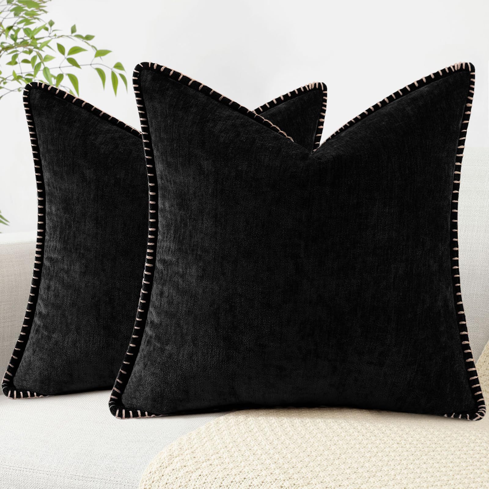 Chenille Soft Throw Pillow Covers 22x22 Set of 2 - Farmhouse Velvet Decorative Couch Pillow Covers with Stitched Edge for Sofa, Bed & Home Decor - Black | Perfect for Living Room, Bedroom & Cozy Home Styling