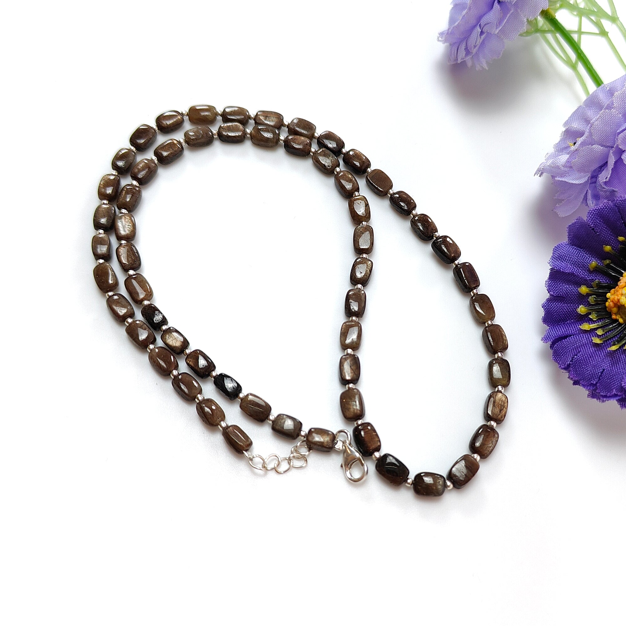 Golden Brown Chocolate Sapphire Gemstone Beads Necklace - 925 Sterling Silver with Natural Plain Cushion Sapphire (5x4mm & 6x5mm) - 18.31g Elegant Jewelry for Women, Perfect for Weddings, Parties & Special Occasions