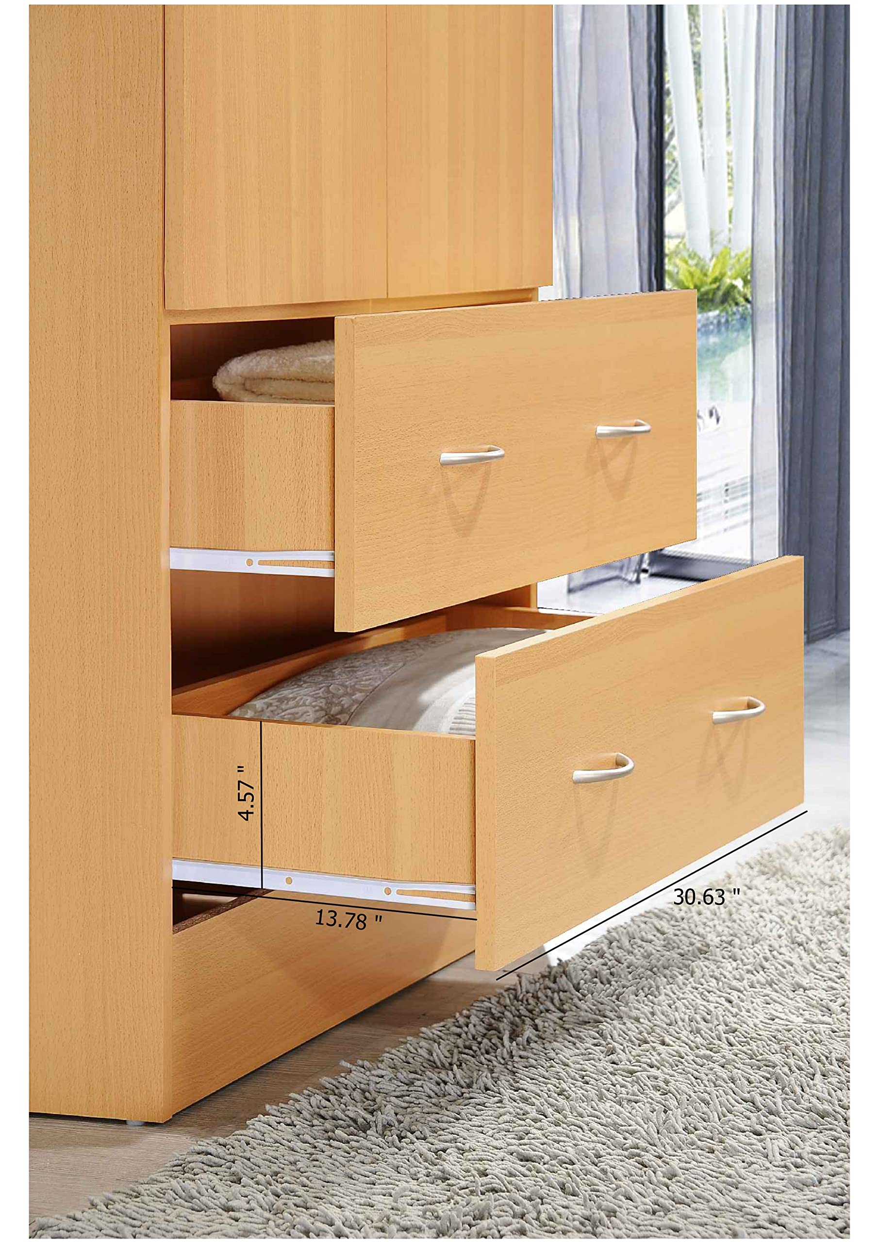 HODEDAH 2 Door Wood Wardrobe Closet with Clothing Rod & 2 Storage Drawers - Beech Finish for Bedroom Organization & Clothes Storage