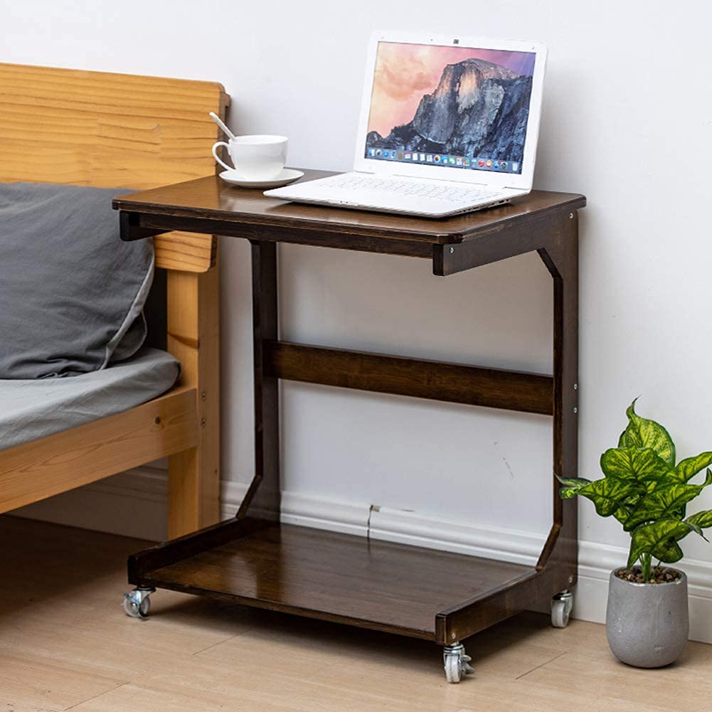 C-Shaped Bamboo Side Table with Wheels - Vintage Walnut Mobile Coffee Tray & Snack Desk for Sofa, Bed or Office | Portable Laptop Table with Storage Shelf | Perfect for Living Room, Bedroom & Small Spaces