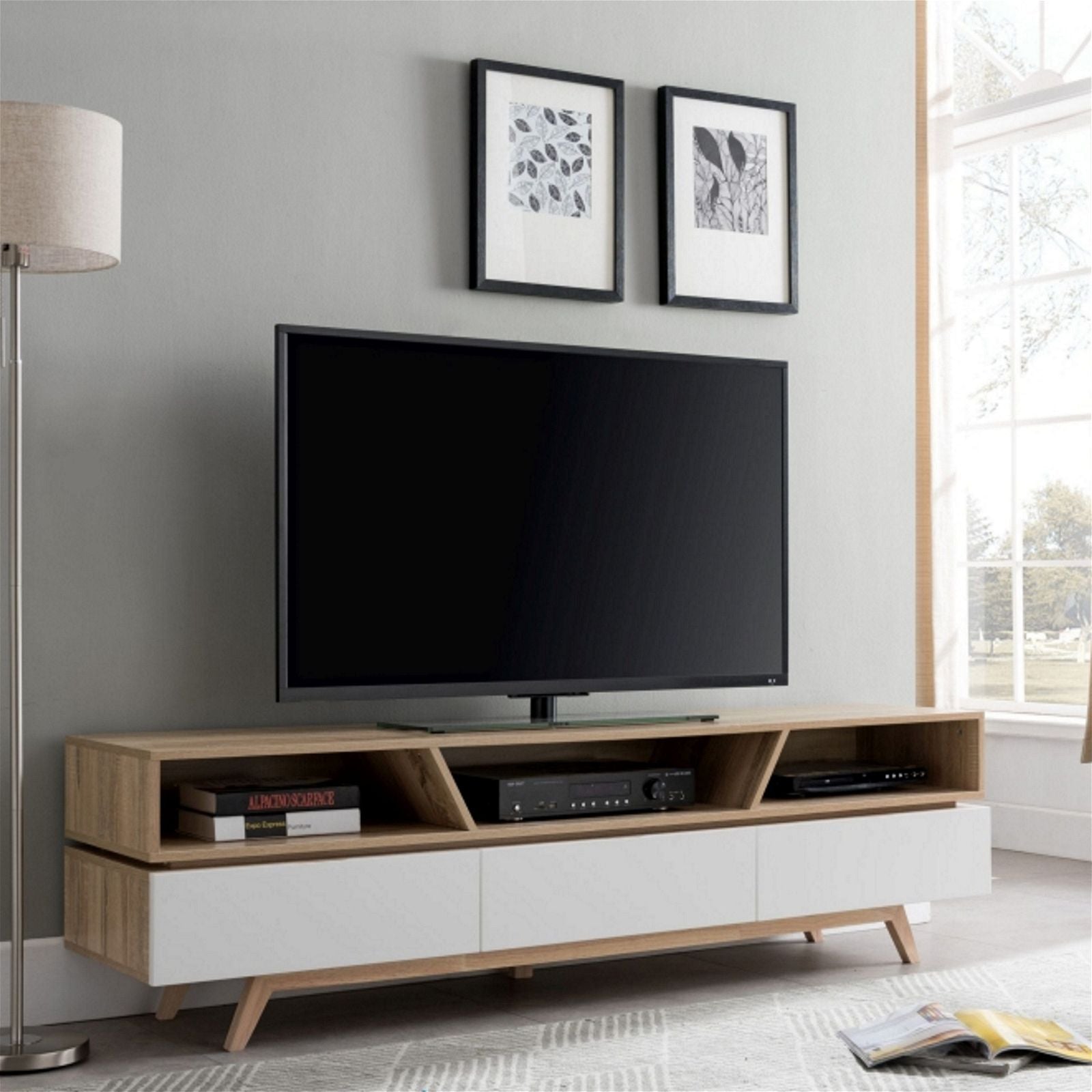 Criterion SILVERTON1800 Oak TV Stand - Modern Entertainment Center for Living Room, Bedroom & Home Theater