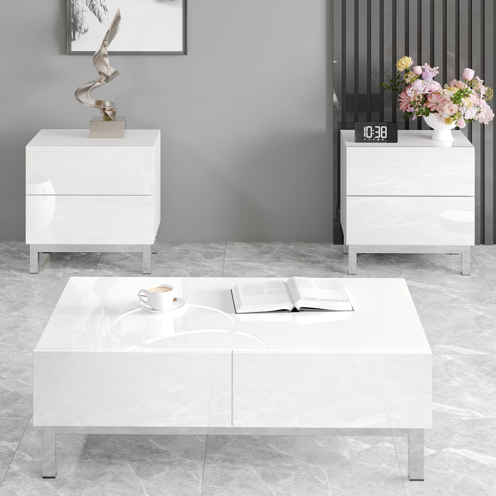 AMERLIFE Modern Minimalist White Rectangular Coffee Table Set of 3 - High Gloss Electroplated Finish with Storage Drawers - Perfect for Living Room, Office, or Small Space Decor