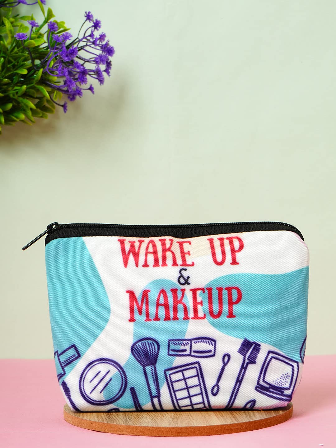 Crazyify Wake Up & Makeup Printed Canvas Cosmetic Bag for Women | Waterproof Travel Makeup Pouch | Toiletry & Beauty Storage Organizer | Perfect for Travel, Gym, and Daily Essentials