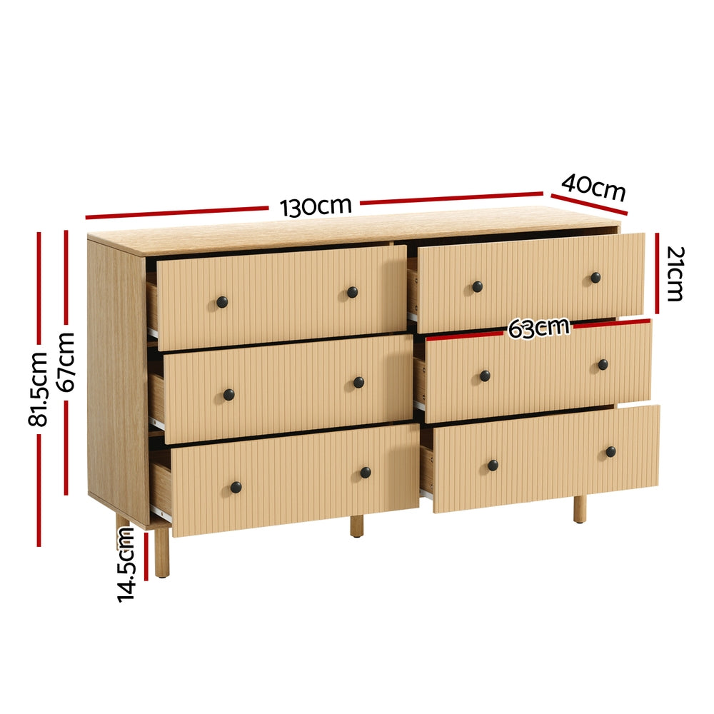 6-Drawer Oak Lowboy Dresser with Fluted Front - Perfect for Bedroom, Living Room & Guest Room Storage